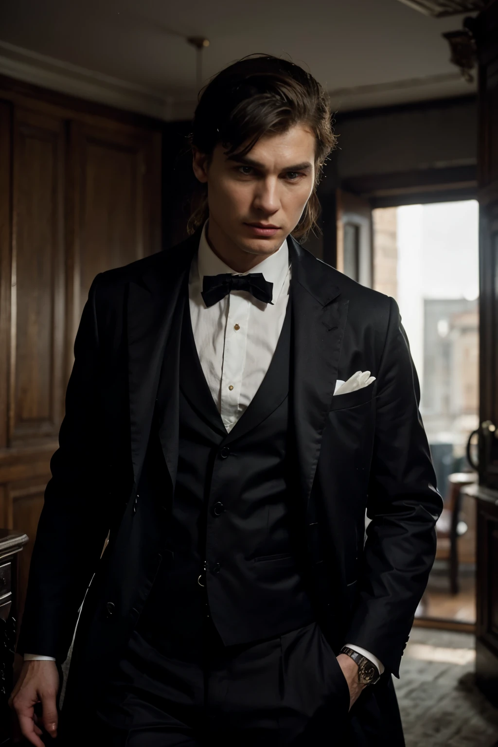 Millionaire man with suit and black tie and Thomas Shelby style
