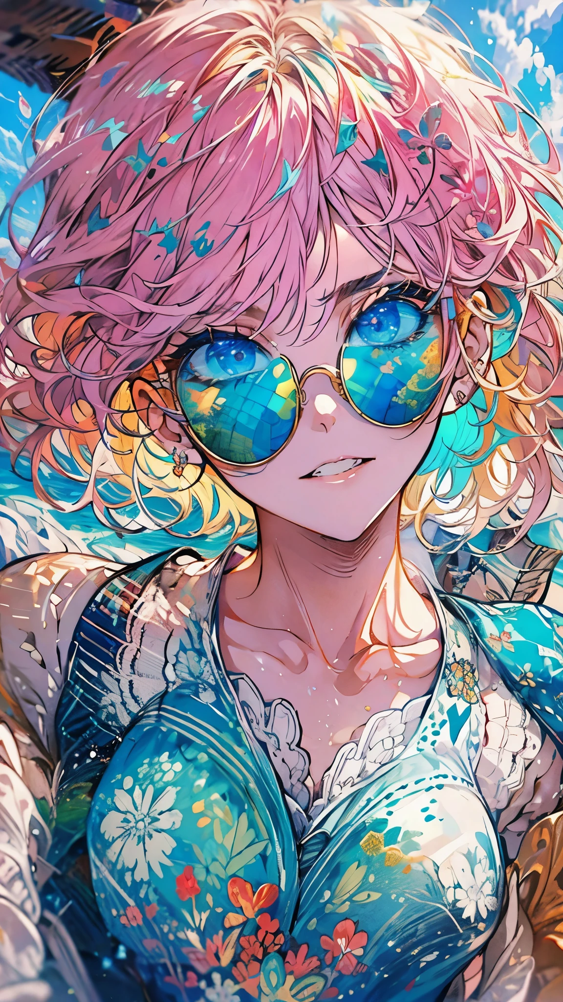 ((8K resolution))、((highest quality))、((masterpiece))、((Super detailed))((((dramatic))),woman、sunglasses、double teeth、short hair、blonde、swimsuit、 Image colorBlue、Ocean、blue sky、erase the shadow、colorful、character concept、anime、(focus on character)