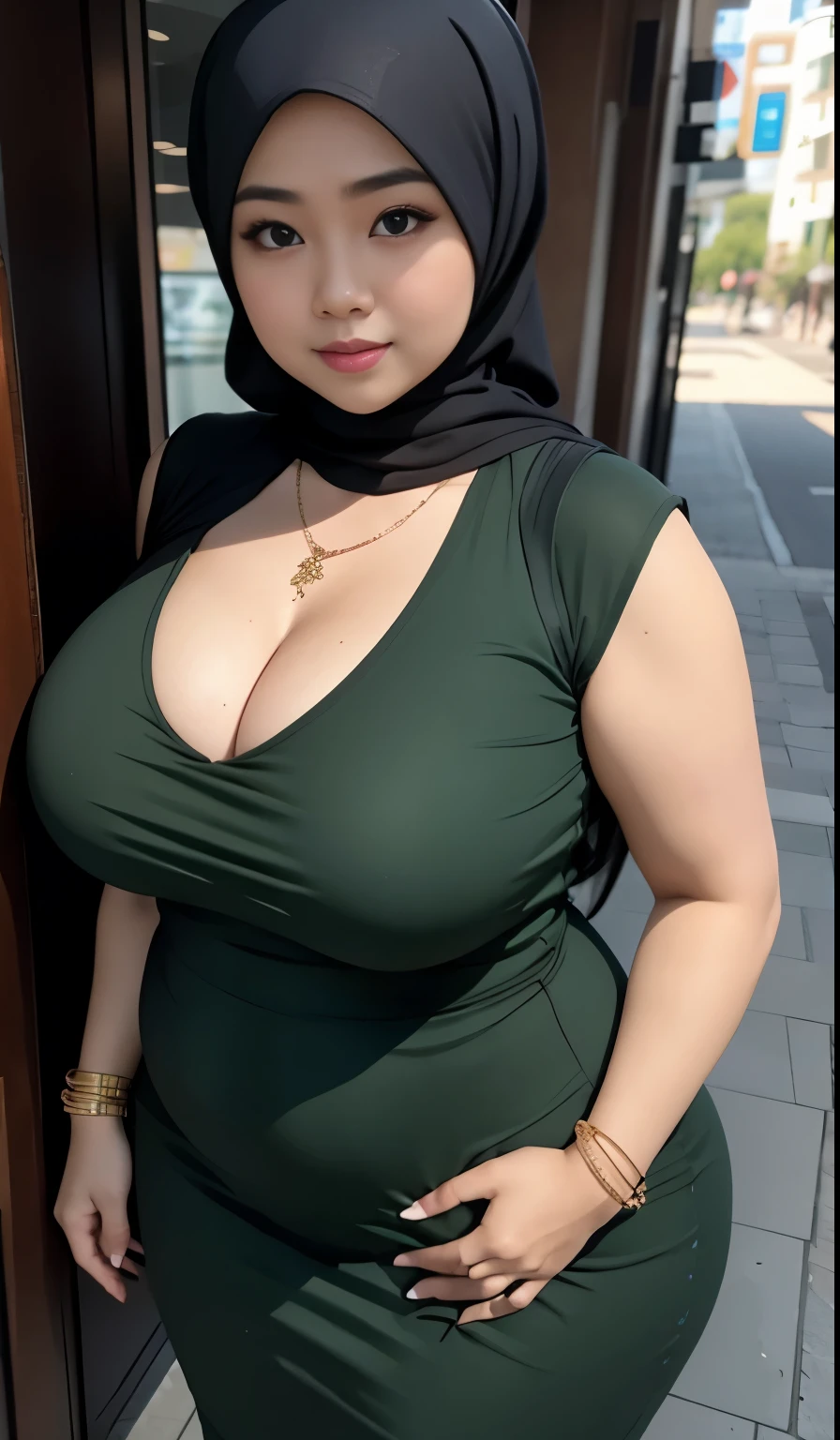 1 malay girl, modern plain hijab, shy, medium portrait, watery eyes, wearing dark green kebaya, ((big breasts)), black bokeh background, well-proportioned body,, chubby massive thighs, full body pose, wearing a necklace , wearing 10 bracelet , wearing a sneaker 