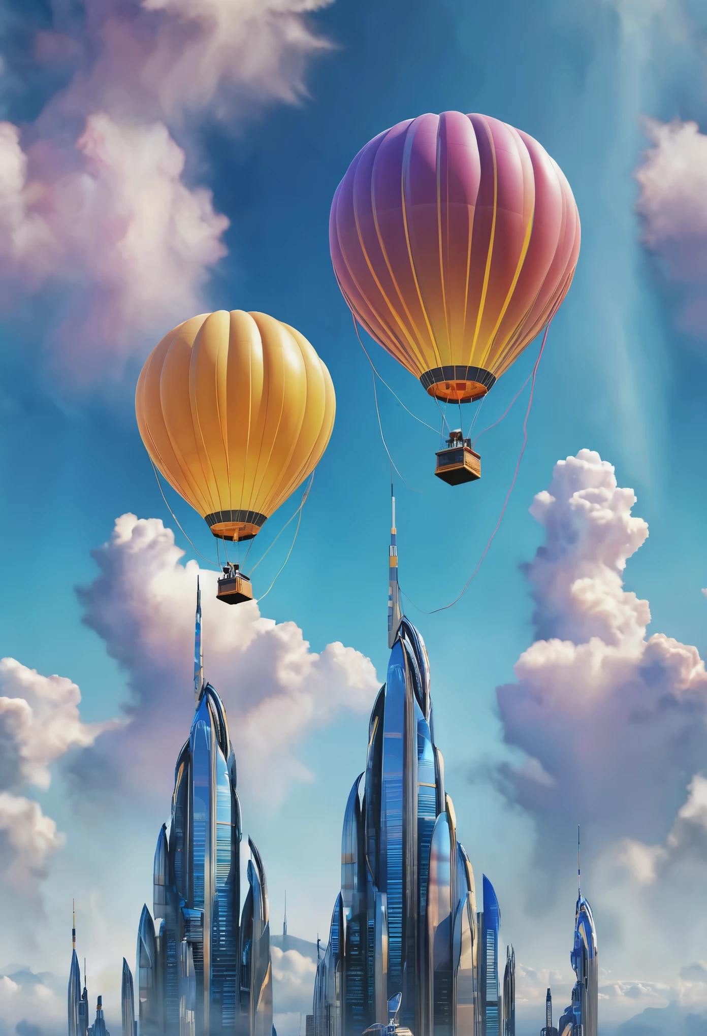 (Best quality,4K,8K,A high resolution,Masterpiece:1.2),Ultra-detailed,(Realistic,Photorealistic,photo-realistic:1.37),Futuristic,High-tech hot air balloons,intricatedesign,unique patterns,Colorful,unconventional shapes,next gen,
vivid neon lights,Glowing,otherworldly landscape,Ethereal atmosphere,Suspended in the air,Awe-inspiring,Unprecedented technology,Advanced artistry,Innovative materials,Impressive craftsmanship,Aerial view,futuristic cityscape in background,immersive experience,Luxurious,modern,progressive,Futuristic architecture,Glass skyscraper,Luxury car,Hovering above the clouds,Transcendent,Contemporary,striking visual effects,Technology driven,Sophisticated,A color palette inspired by technology and the future,Illuminated,A seamless blend of art and technology,forward-thinking,A masterpiece of art that transcends time and space.