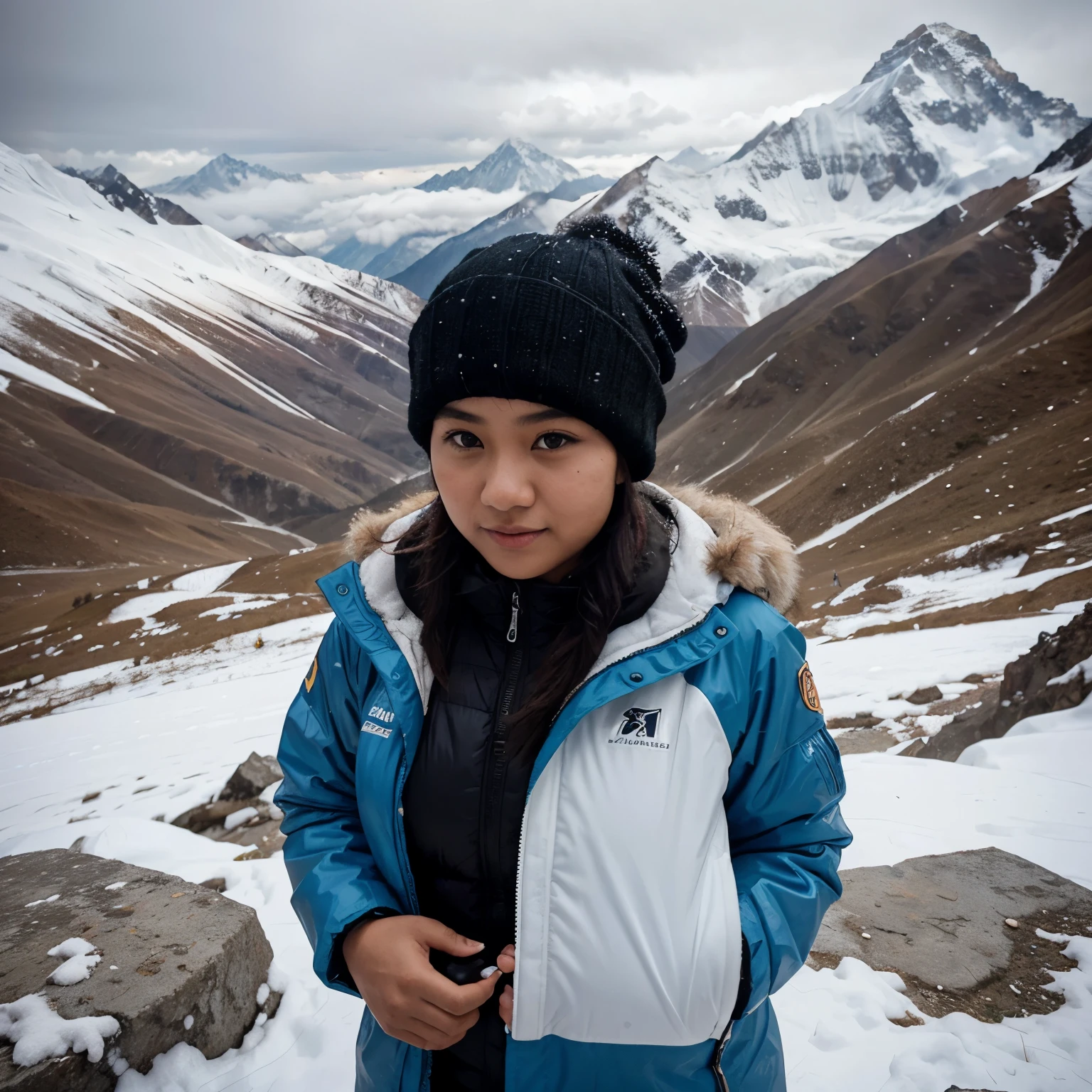 A beautiful Indonesian girl with a fat body wearing a mountain jacket is taking a selfie at the top of a Himalayan mountain and looks like it's snowing