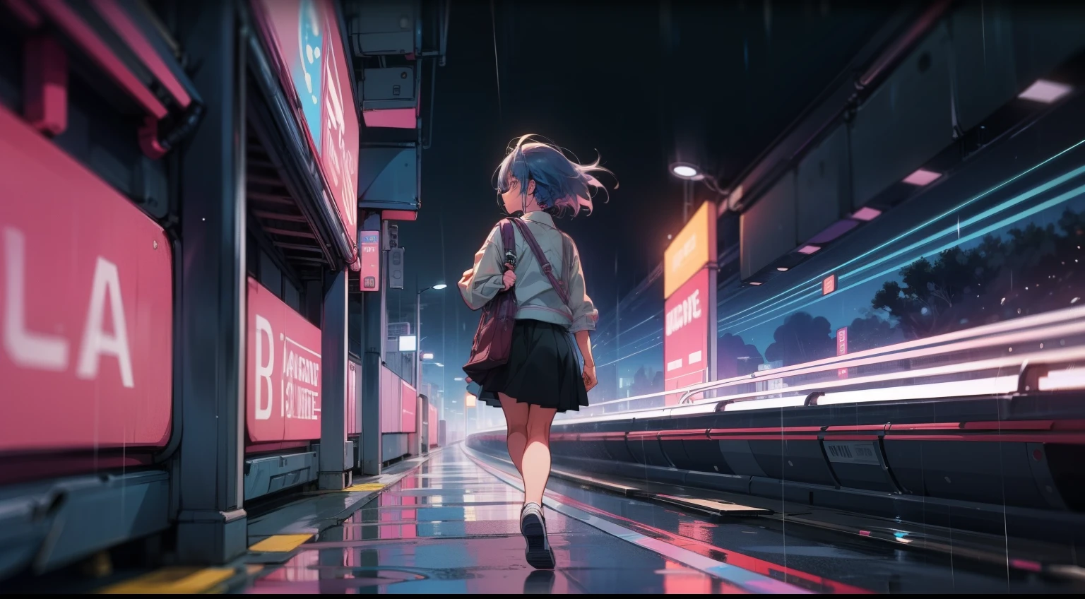 Anime girl walking on the street in the rain at night,, 1980s anime art style, anime girl running, 《ramona flowers》, space girl, Anime style 4K, 80s anime art style, Praise Artstyle, Official fan art, Anime-style illustrations are more refined, and the profile is more refined.