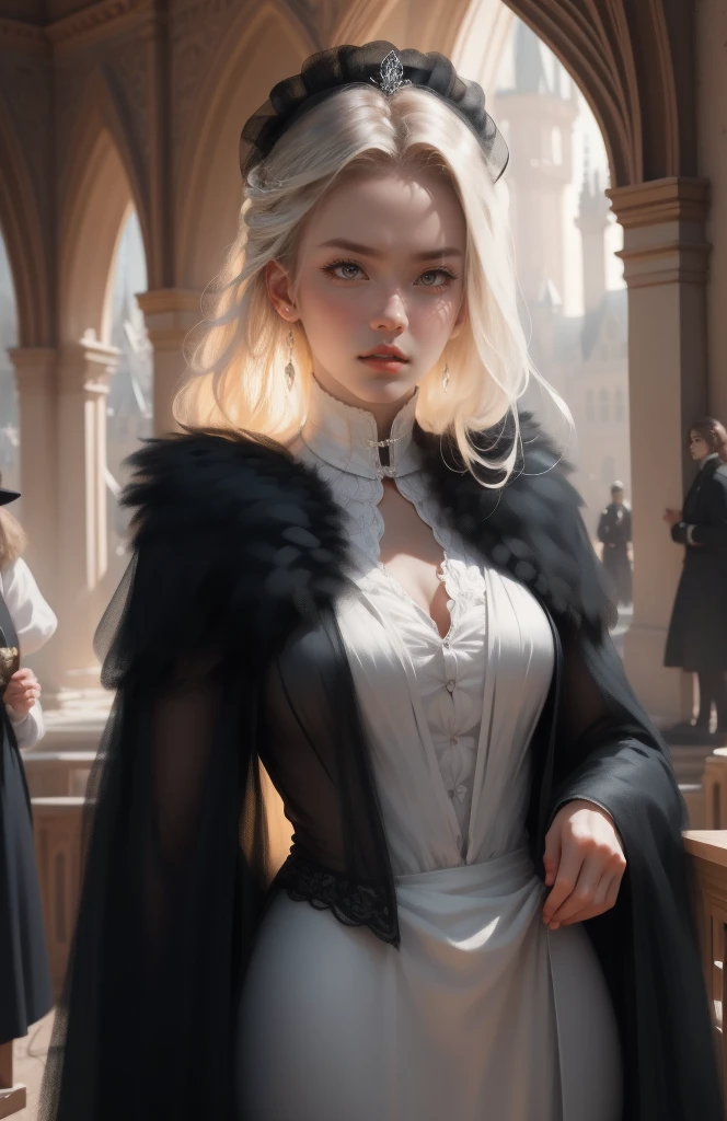 { - anatomy error}(Masterpiece - Ultra-detailed, very high resolution) Prepare to be enchanted by a true masterpiece that combines ultra-detailed art with high-resolution rendering. This work depicts a mesmerizing woman with very long blond hair (1.3) and captivating gray eyes (1.2), emanating an aura of elegance and mystery in Victorian settings. The intricate details and realistic textures invite you to explore every aspect of this enchanting composition. Woman wearing beautiful classic Victorian costume from the year 1878. Red lips. Happy face. Smiling. white (white) dress. Outside of the castle, backwards, looking back, upper body. dynamic poses. Get ready to dive into a world where beauty and craftsmanship merge perfectly.