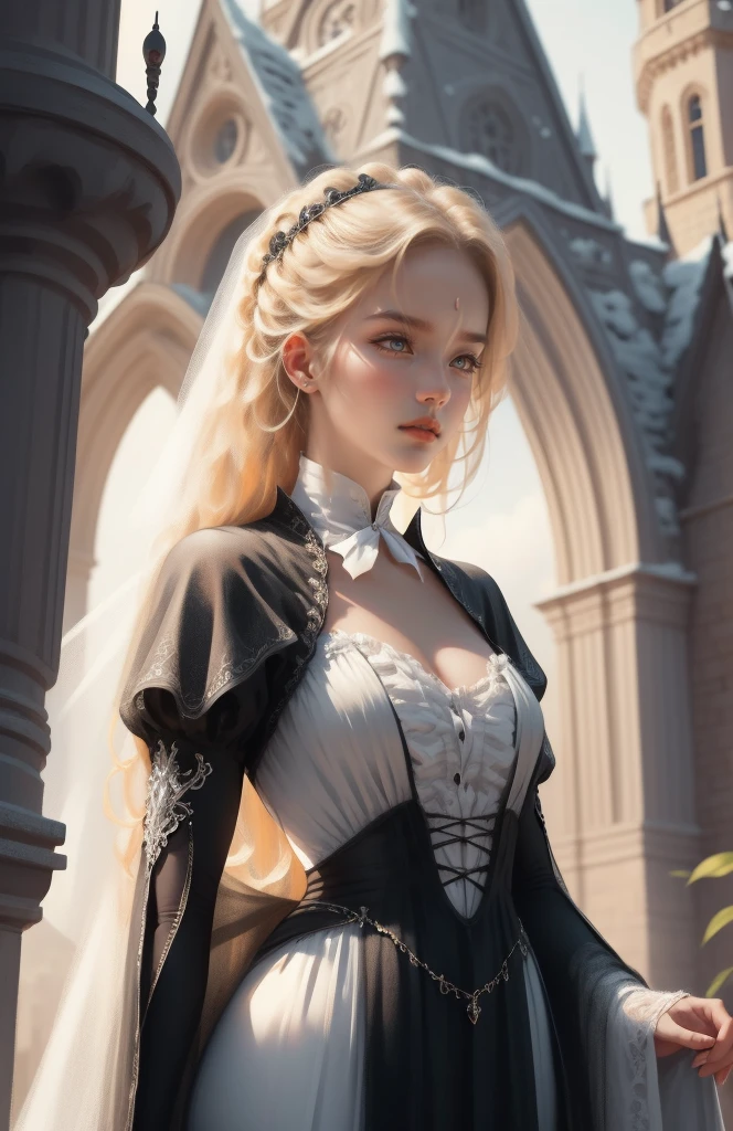 { - anatomy error}(Masterpiece - Ultra-detailed, very high resolution) Prepare to be enchanted by a true masterpiece that combines ultra-detailed art with high-resolution rendering. This work depicts a mesmerizing woman with very long blond hair (1.3) and captivating gray eyes (1.2), emanating an aura of elegance and mystery in Victorian settings. The intricate details and realistic textures invite you to explore every aspect of this enchanting composition. Woman wearing beautiful classic Victorian costume from the year 1878. Red lips. Happy face. Smiling. white (white) dress. Outside of the castle, backwards, looking back, upper body. dynamic poses. Get ready to dive into a world where beauty and craftsmanship merge perfectly.