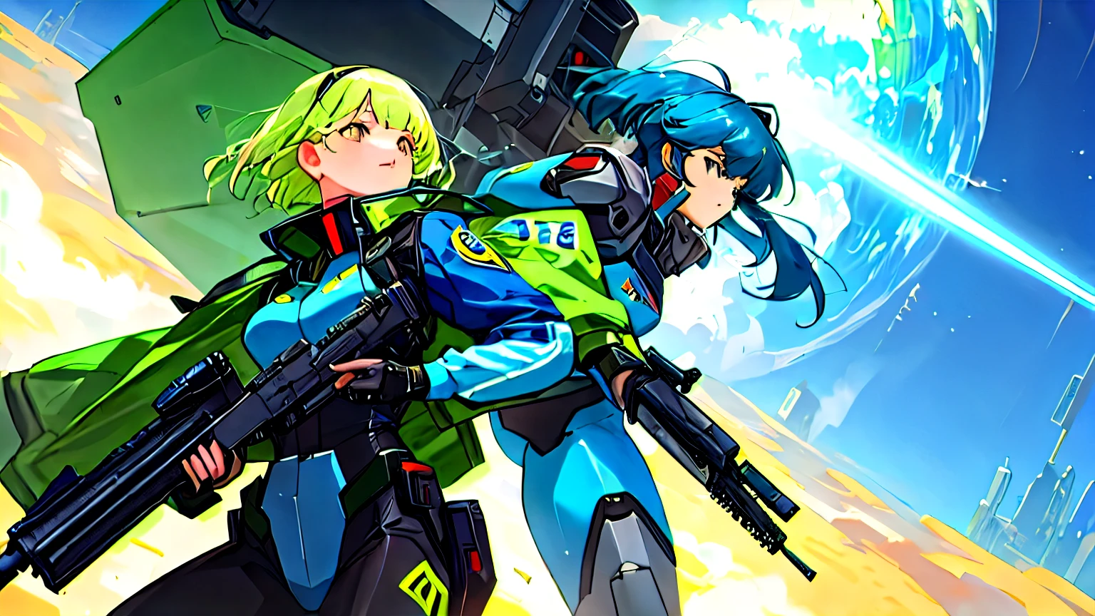 2 mecha girl fighting together in a planet, one is green suited & the other is blue suited, holding big guns, Wearing a Cybernetic Jacket, High Detailed, , Stunning Art