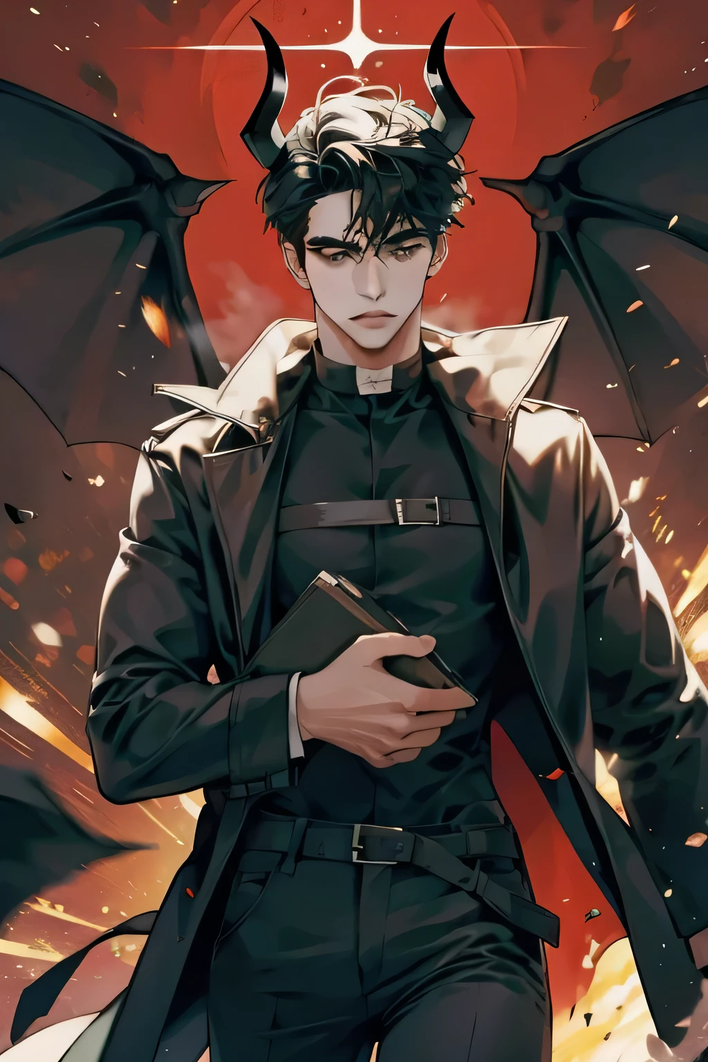 tall man,devil'He has horns on his head,Wearing a matte windbreaker,gangland background,Holding black briefcase in hand,The soul is wandering around me,Two-dimensional animation style,oriental asian face