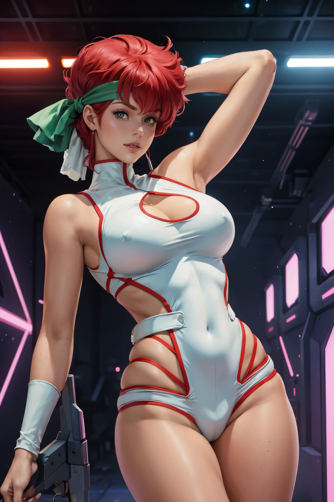 skinny Kei from The Dirty Pair wearing a tight white outfit, medium breast, red hair beauty, cyberpunk city background, holding retro space-gun, green headband, slim waist, slim thighs, skinny thighs, thin thighs, thigh gap, thigh gap,