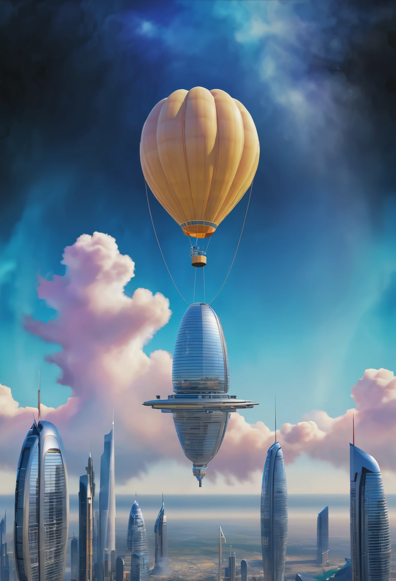 (Best quality,4K,8K,A high resolution,Masterpiece:1.2),Ultra-detailed,(Realistic,Photorealistic,photo-realistic:1.37),Futuristic,High-tech hot air balloons,intricatedesign,unique patterns,Colorful,unconventional shapes,next gen,
vivid neon lights,Glowing,otherworldly landscape,Ethereal atmosphere,Suspended in the air,Awe-inspiring,Unprecedented technology,Advanced artistry,Innovative materials,Impressive craftsmanship,Aerial view,futuristic cityscape in background,immersive experience,Luxurious,modern,progressive,Futuristic architecture,Glass skyscraper,Luxury car,Hovering above the clouds,Transcendent,Contemporary,striking visual effects,Technology driven,Sophisticated,A color palette inspired by technology and the future,Illuminated,A seamless blend of art and technology,forward-thinking,A masterpiece of art that transcends time and space.