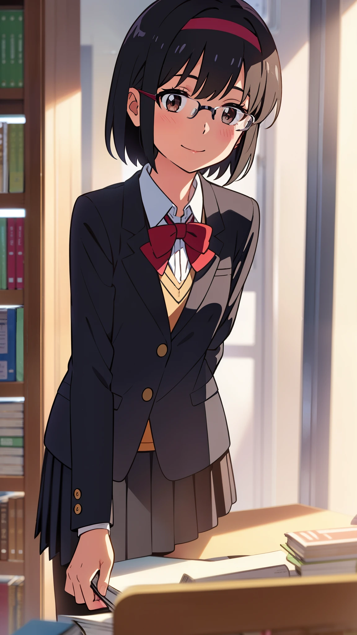 shinkai makoto, kimi no na wa., 1girl, bangs, black hair, blush, bright eyes, brown eyes, red headband, red bow, red ribbon, short hair, smile, cute, beautiful, shiny skin, looking at the viewer, solo, happy, blazers, collarbone, long sleeves, skirt, wearing black glasses, bringing a book, at school library