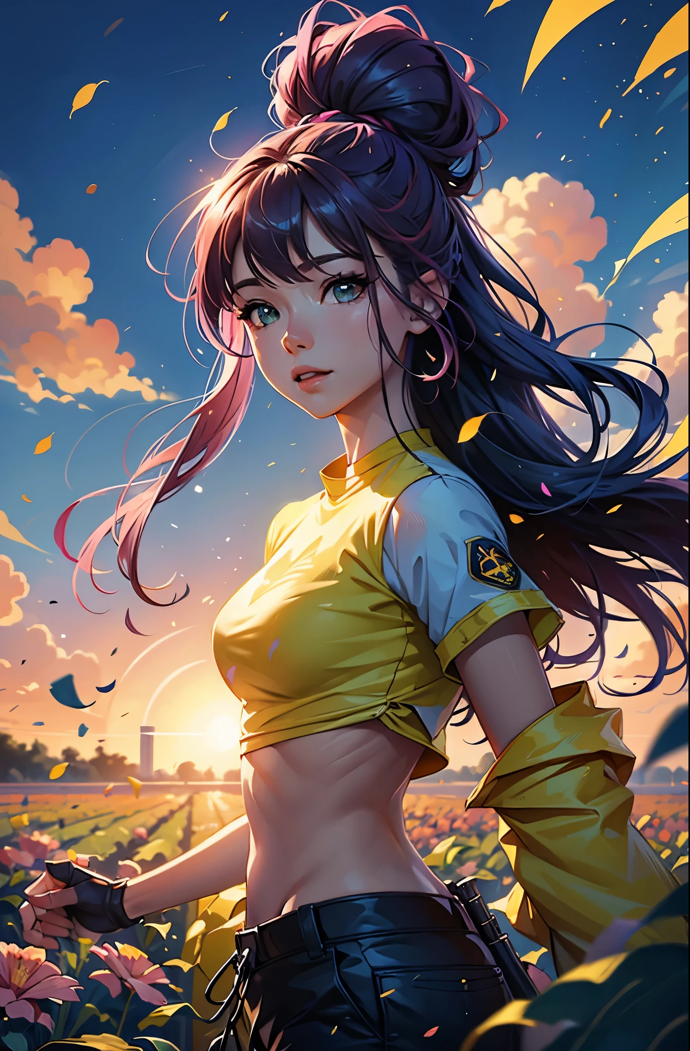 award winning digital art, half body portrait of a beautiful woman in a pink crop top and cargo pants with navy blue teal hairstyle with head in motion and long hair flying, in a flower field, golden sunset, particles dust, glitter, paint splashes, splatter, outrun, vaporware, shaded flat illustration, digital art, trending on artstation, highly detailed, fine detail, intricate