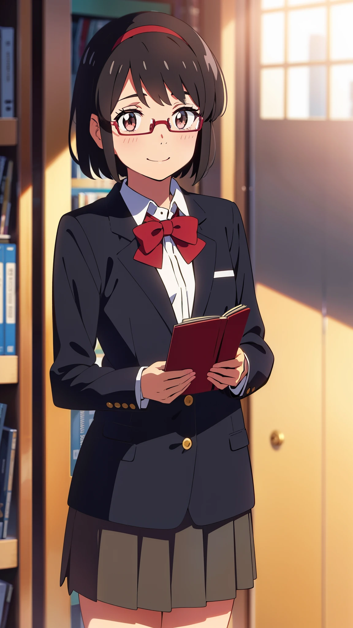 shinkai makoto, kimi no na wa., 1girl, bangs, black hair, blush, bright eyes, brown eyes, red headband, red bow, red ribbon, short hair, smile, cute, beautiful, shiny skin, looking at the viewer, solo, ​happy, blazers, collarbone, long sleeves, skirt, wearing black glasses, bringing a book, at school library