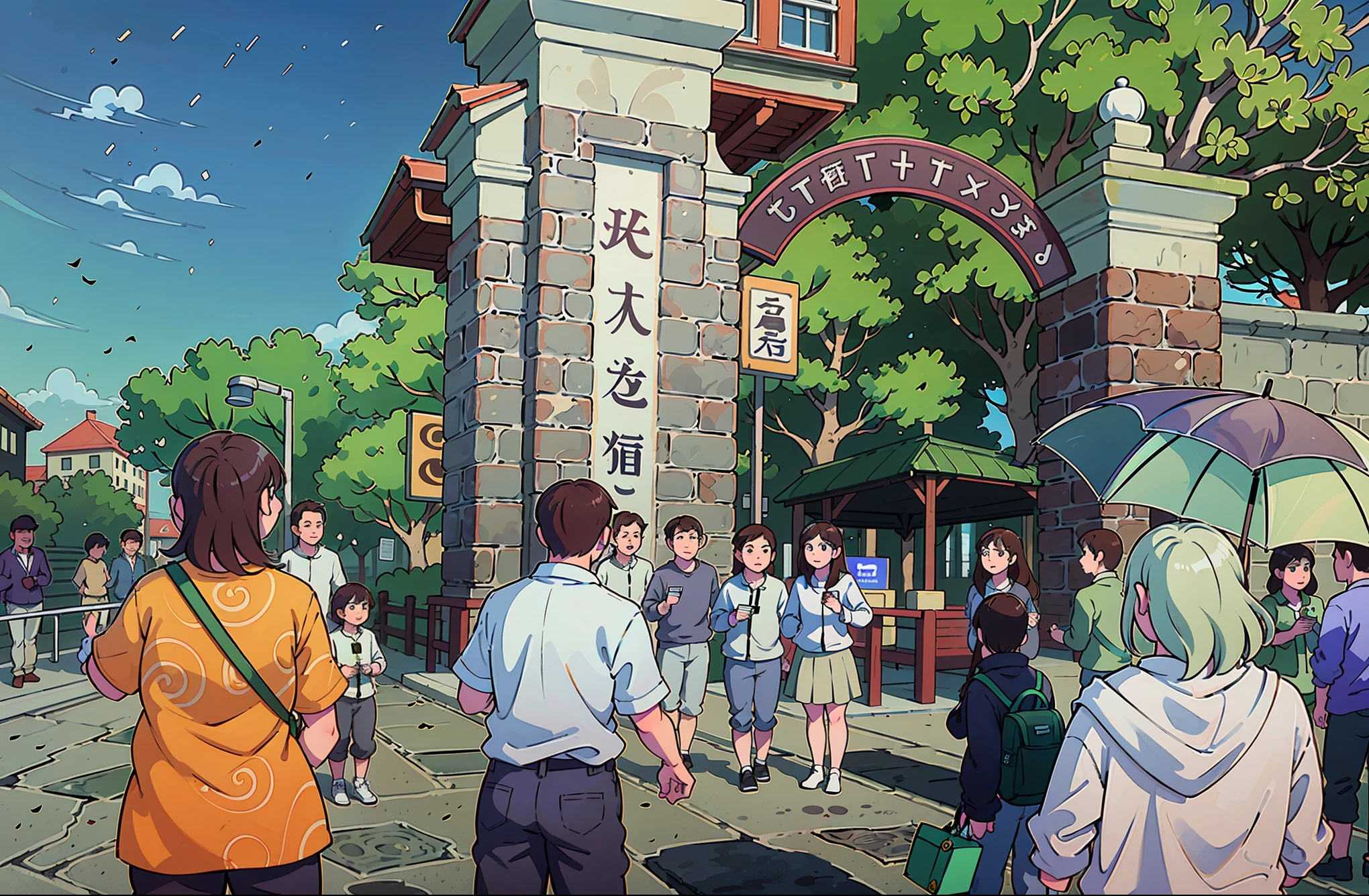 Comics,Three people at the school gate are holding books in their hands,camera shot