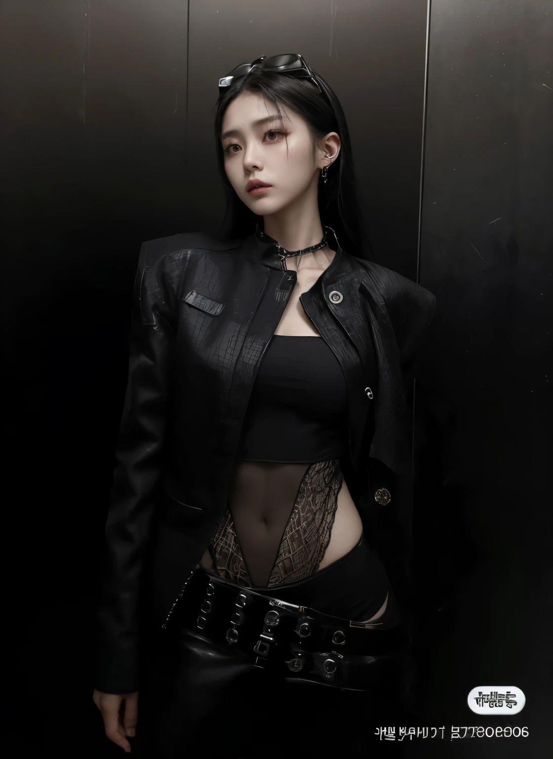 Mujer araffe con chaqueta de cuero negra y top negro parada en el ascensor, toda la ropa negra cyberpunk, cruel korean gothic girl, vistiendo una chaqueta de cuero cyberpunk, vistiendo ropa de calle cyberpunk, cai xukun, ropa de moda ciberpunk, traje estilo cyberpunk, ropa delgada de cuero negro, heonhwa choe, wearing Japanese technical clothing, modelo de moda femenina coreana, photograph of a woman in technological clothing
