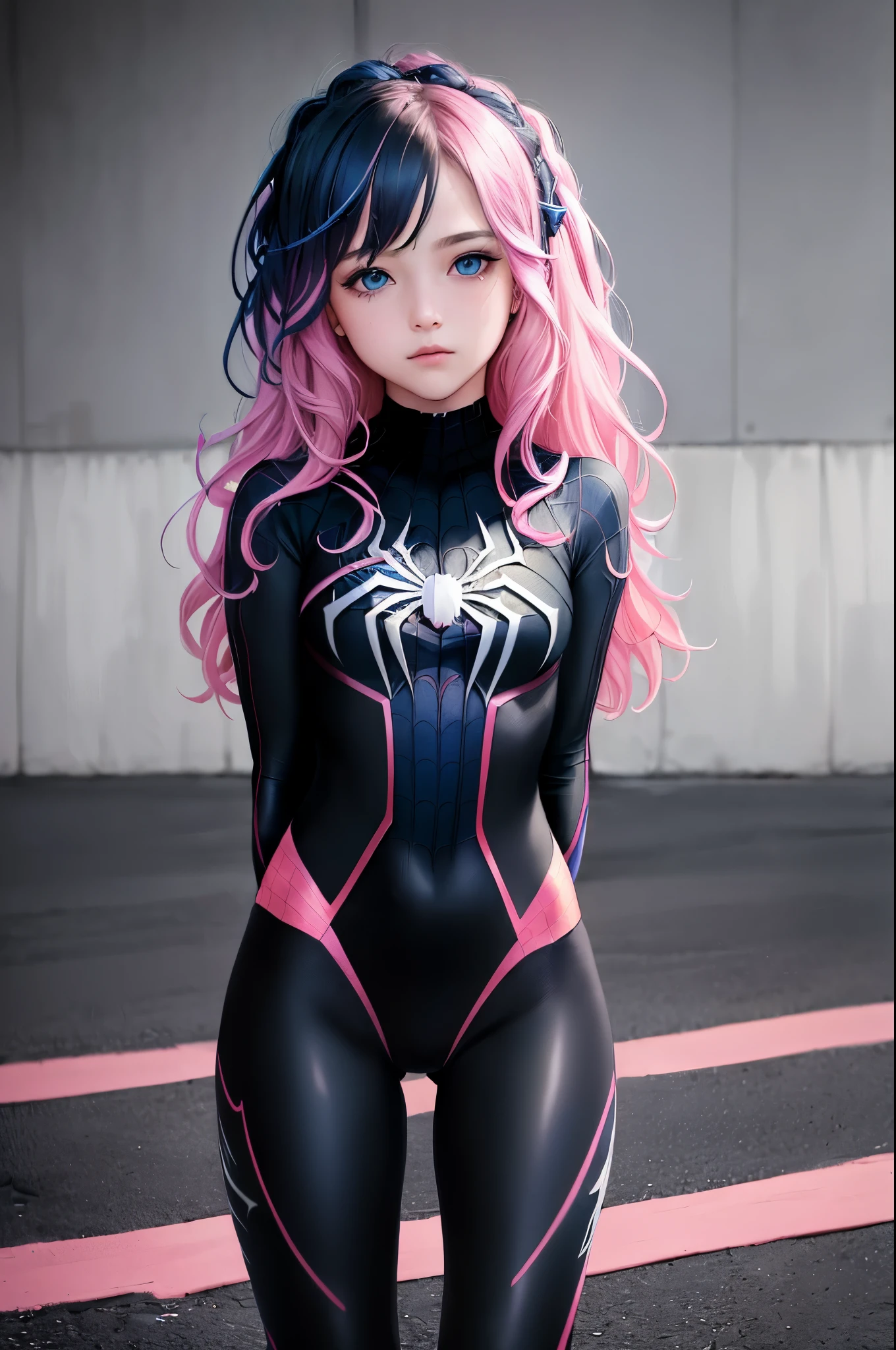 , 1girl, (((Masterpiece))), best quality, ultra-detailed CG unity 8k wallpaper, (1person:1.3), woman, black emo scene hair, blue eyes, full body white and pink spider man suit