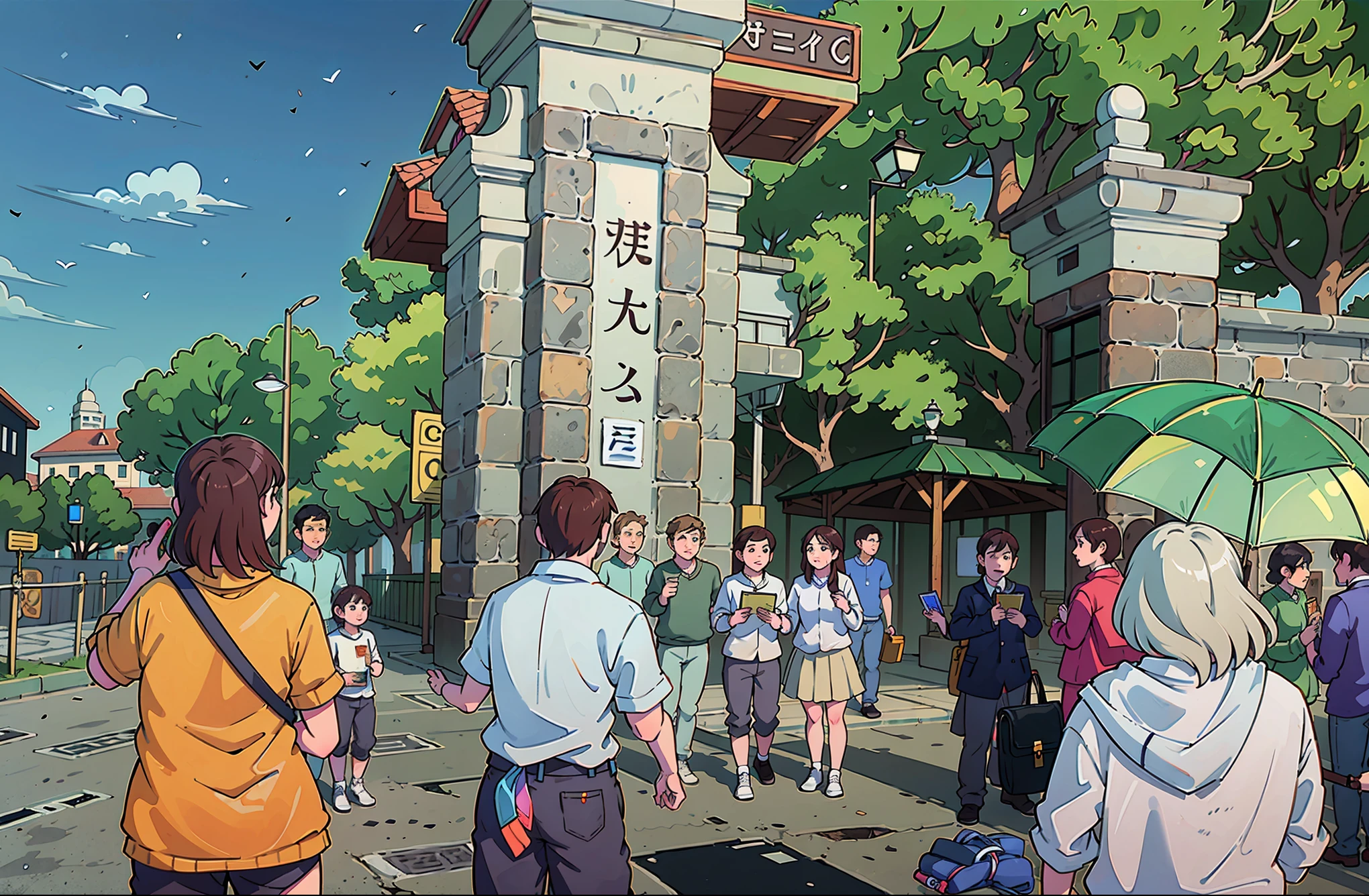 Comics,Three people at the school gate are holding books in their hands,camera shot