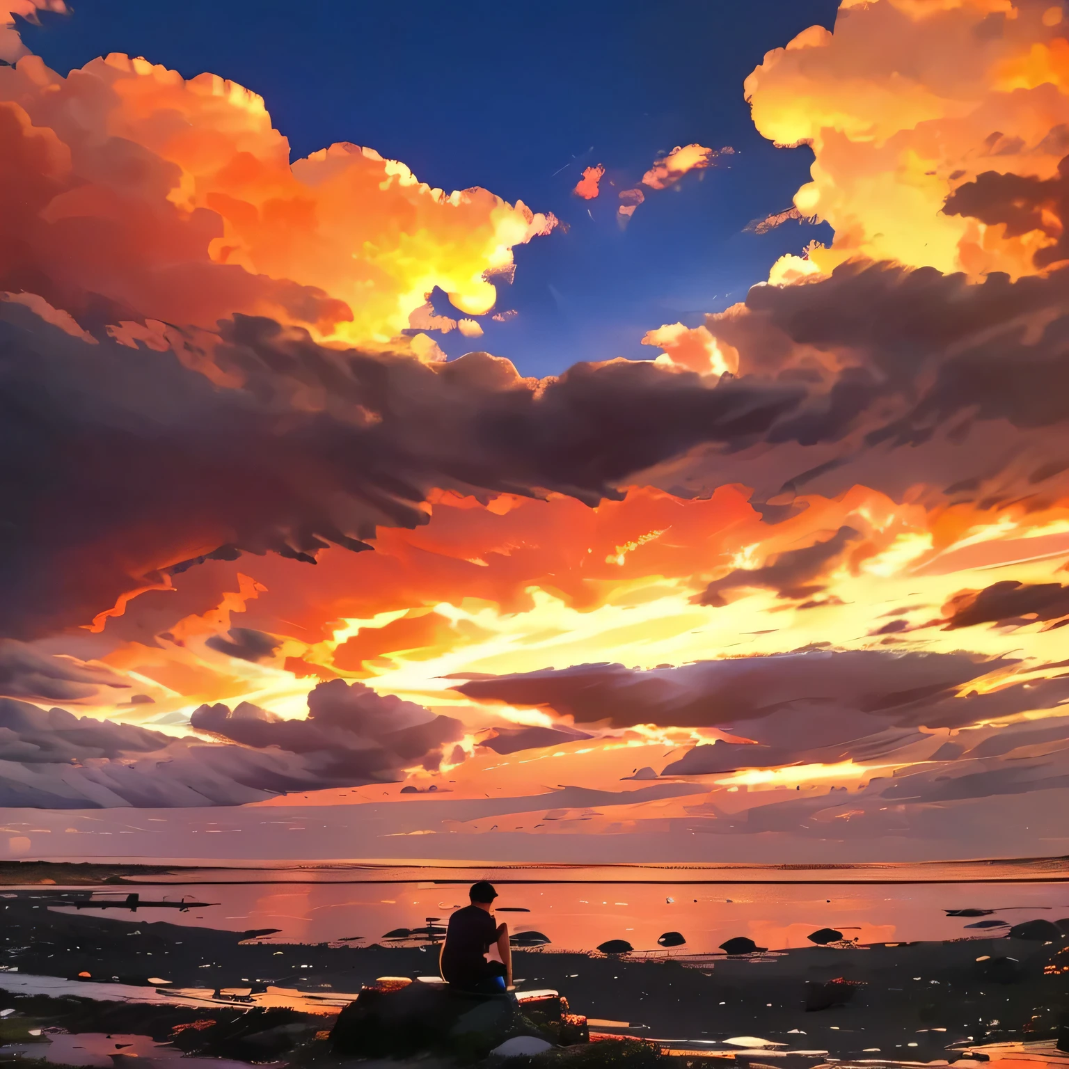 Bich location see the sunset sky red and orange sky color a 20 year old boy sits and looks at the sky drinking bottles sad who sees the sky