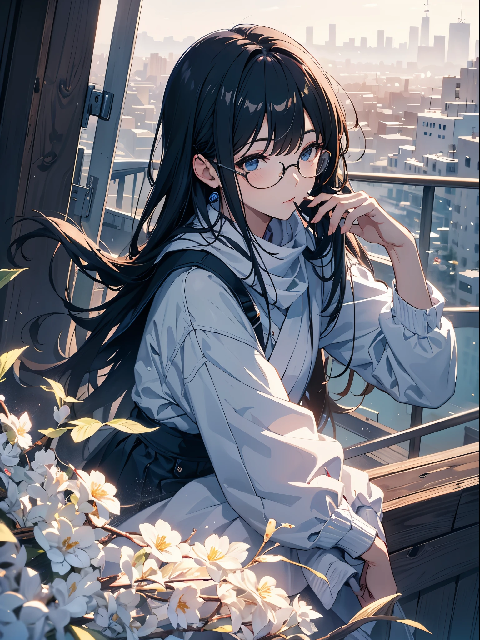 Profile girl wearing glasses, 明るい髪と繊細な明るいのhighlight, Leaning on the balcony of the house and looking at the scenery, wearing a large white scarf, blow out cold smoke from your mouth, name, winter, Meguro River, photo shoot, (surreal), {Highly detailed 8k CG uniform wallpaper}, photo shoot de paisagem expansiva, (A view from below that prioritizes the beauty of the details of the landscape., wide view of open field), (low angle photo), ( highlight: 1,0), (weak light: 1,0), (warm light source: 1.5), intricate details, (rainbow heart: 1,7), (bright lighting), (atmosphere lighting), dreamer, elegant, Magic