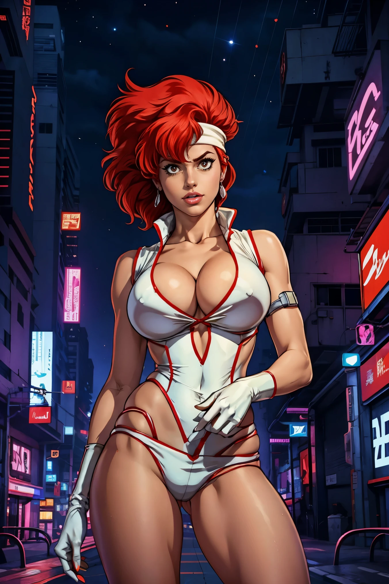 Kei from The Dirty Pair wearing a skimpy white outfit, cleavage, bushy red hair beauty, cyberpunk city background, holding retro space-gun, green headband