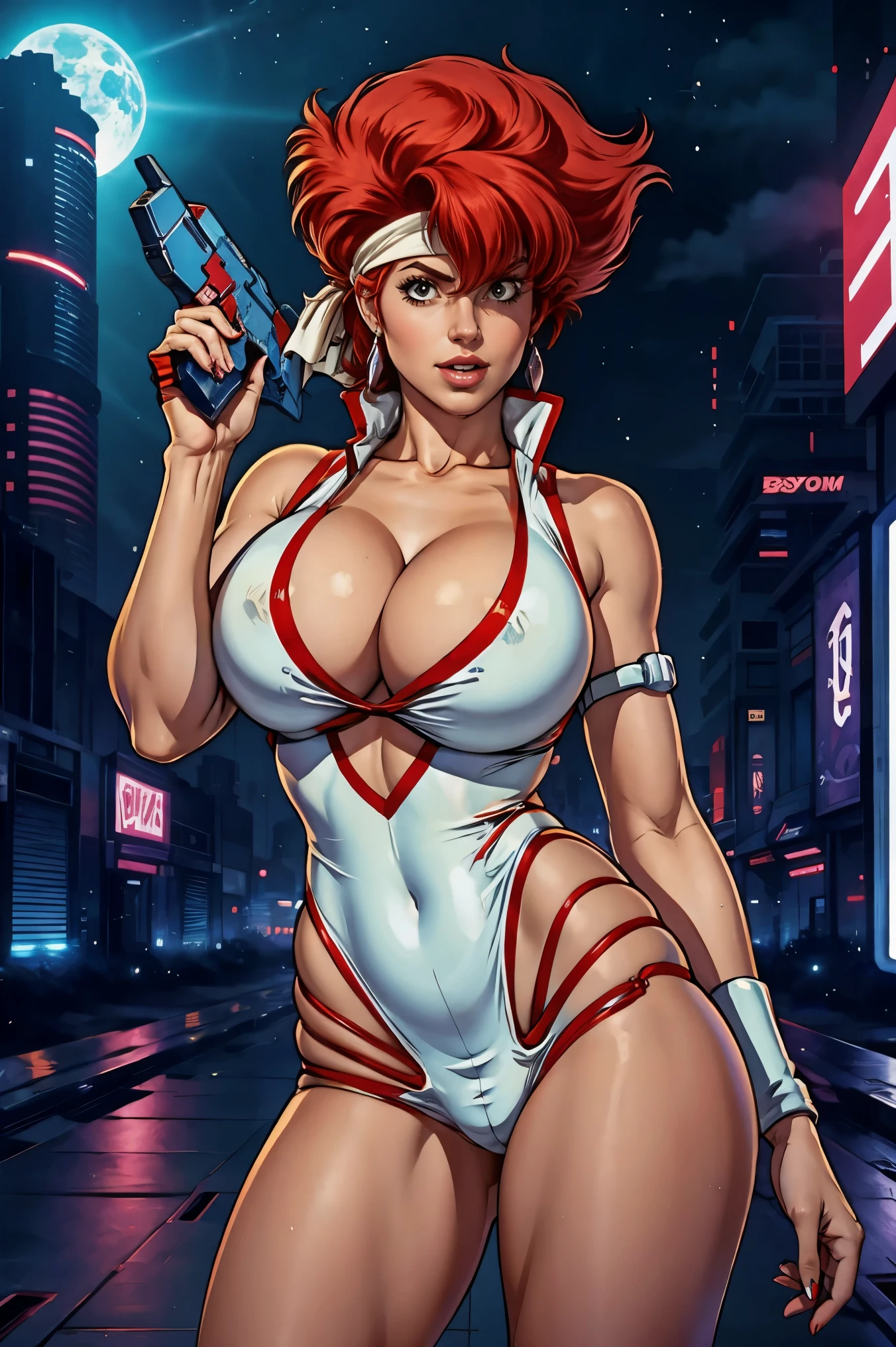 Kei from The Dirty Pair wearing a skimpy white outfit, cleavage, bushy red hair beauty, cyberpunk city background, holding retro space-gun, green headband