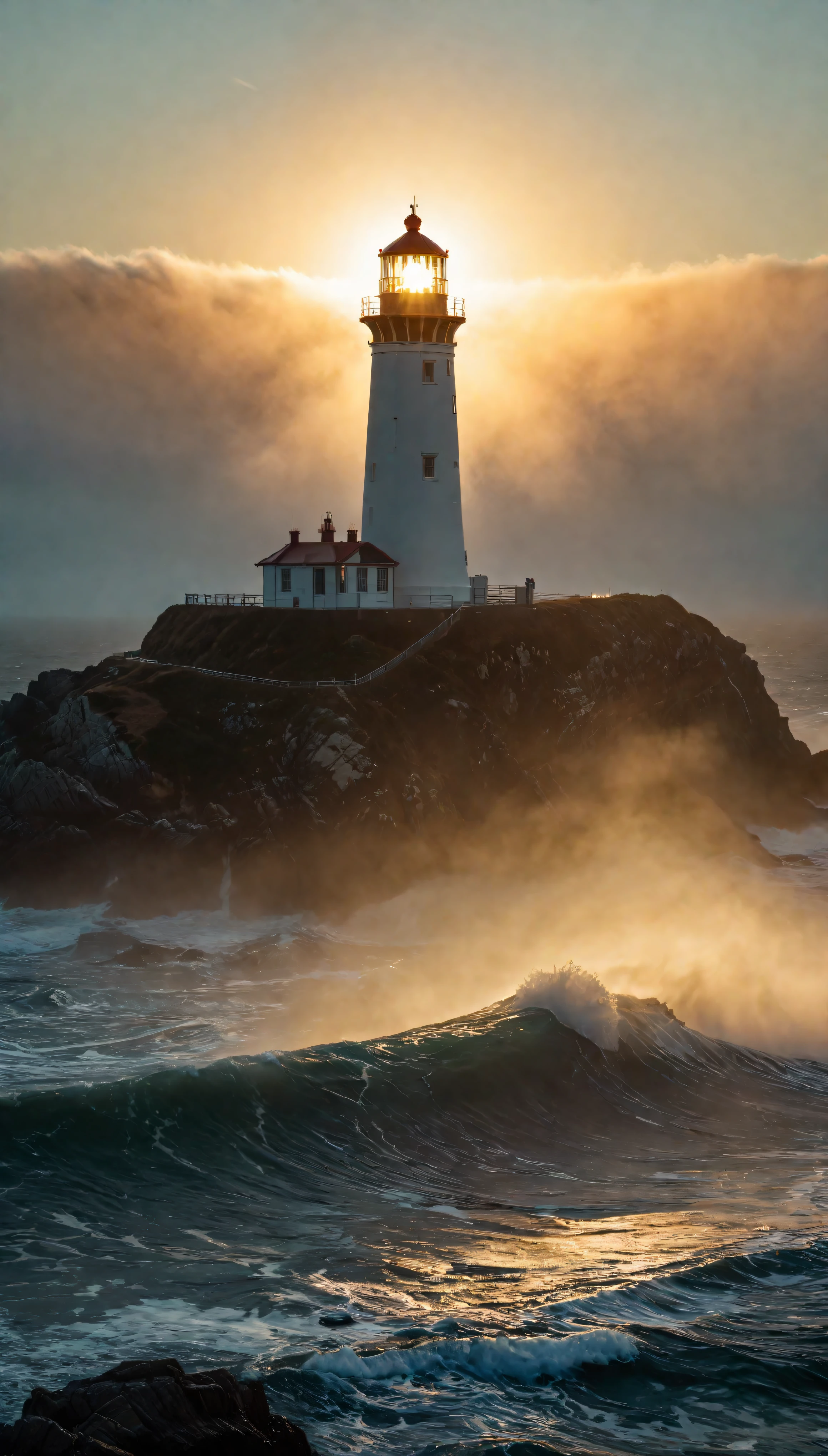 wide shot photo of a Lighthouse shining a dark night, RAW, ((Dark night):1.3), ((Sea mist):1.1), ((Tyndall Effect):1.5), ((Light penetrating mist)1.4), ((Golden Hour):1.2), (finely detailed waves), (detailed light), (detailed mist), (cold colors), breeze, breeze, reflection, (masterpiece), (perfect aspect ratio), (realistic photo), (best quality), (detailed) photographed on a Canon EOS R5, 50mm lens, F/2.8, HDR, (8k) (wallpaper) (cinematic lighting) (dramatic lighting) (sharp focus) (intricate).