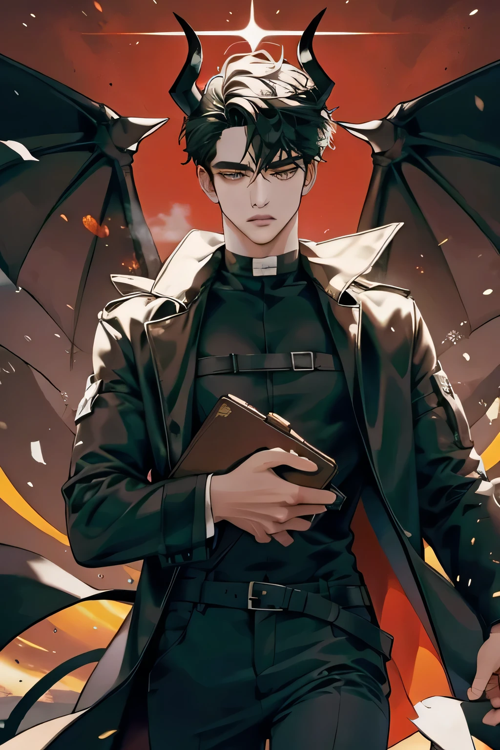 tall man，devil&#39;He has horns on his head，Wearing a matte windbreaker，gangland background，Holding black briefcase in hand，The soul is wandering around me，Two-dimensional animation style，oriental asian face，wearing black hat