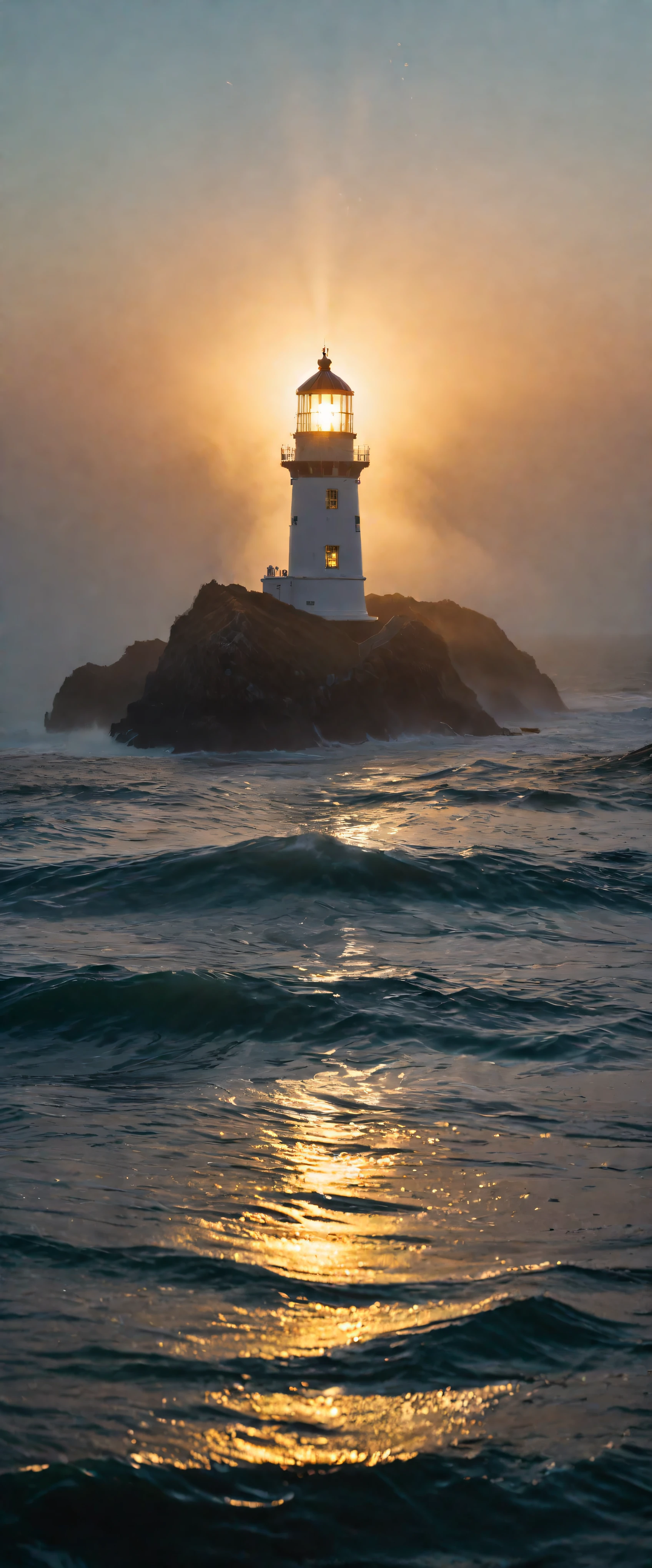 wide shot photo of a Lighthouse shining a dark night, RAW, ((Dark night):1.3), ((Sea mist):1.1), ((Tyndall Effect):1.5), ((Light penetrating mist)1.4), ((Golden Hour):1.2), (finely detailed waves), (detailed light), (detailed mist), (cold colors), breeze, breeze, reflection, (masterpiece), (perfect aspect ratio), (realistic photo), (best quality), (detailed) photographed on a Canon EOS R5, 50mm lens, F/2.8, HDR, (8k) (wallpaper) (cinematic lighting) (dramatic lighting) (sharp focus) (intricate).