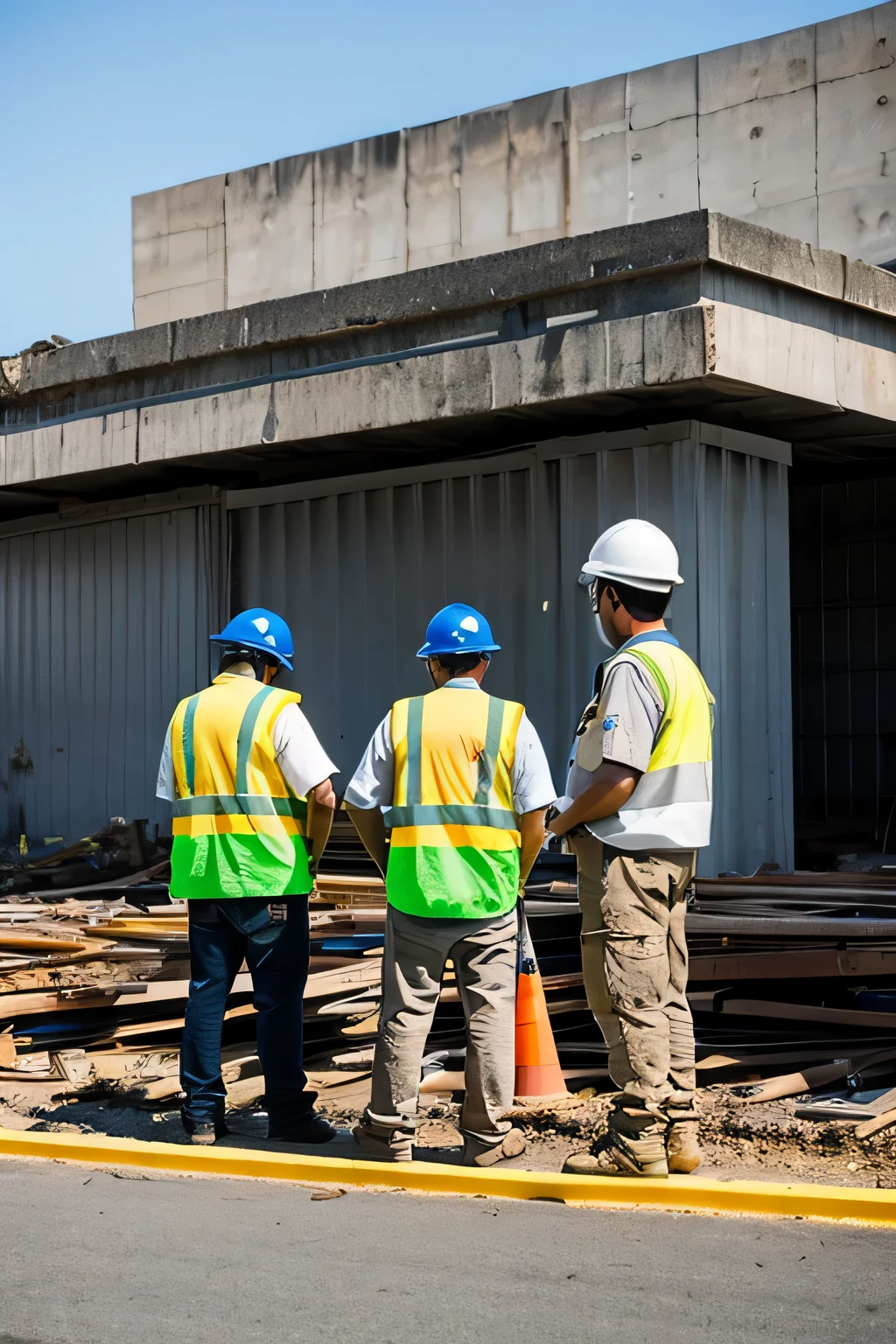 there are three male construction working on building,image, concrete, cemalet, worker, image, Japan, male, Work clothes, Helmet