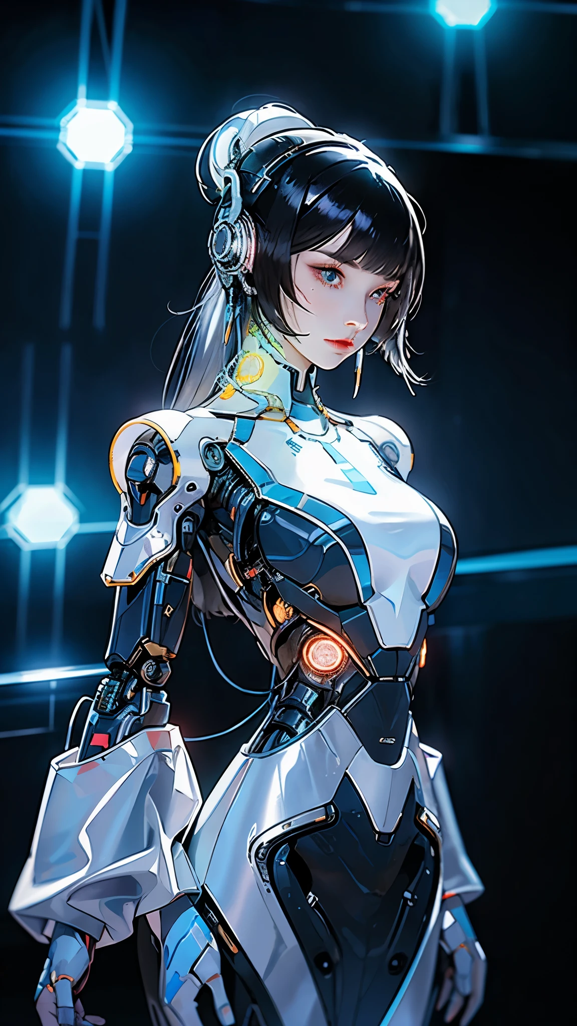 Image of a woman wearing colorful robotic technology, In the style of surrealism flowing through, shiny/shiny, accurate and real, hard surface modeling, precision line, light silver and azure, engineering/construction and design,luminous headphones, luminous hair accessories, long hair, Luminous earrings, glow necklace, cyber punk,