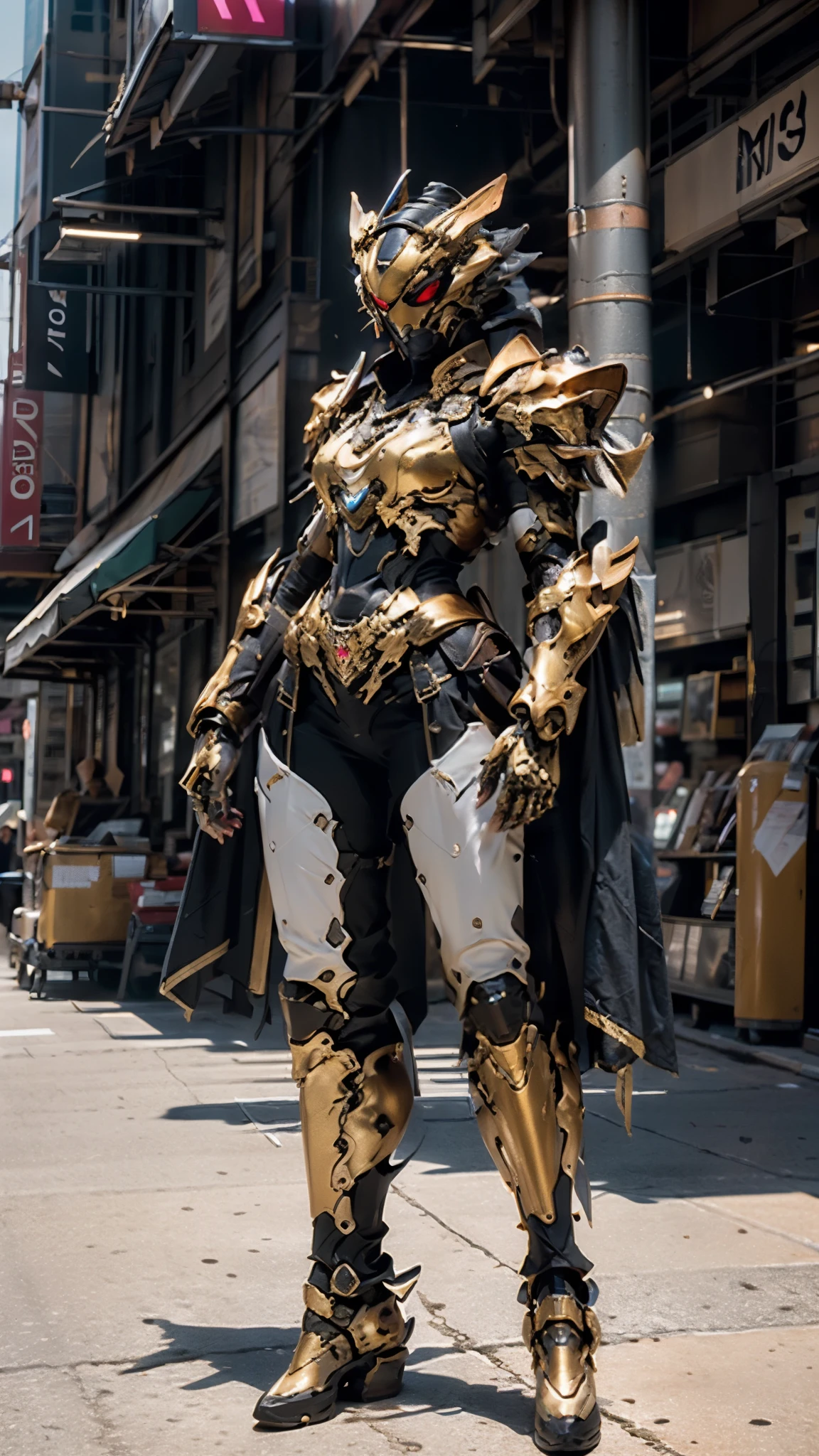 A woman adorned in fantasy-style full-body armor, a crown-concept fully enclosed helmet that unveils only her eyes, a composite layered chest plate, fully encompassing shoulder and hand guards, a lightweight waist armor, form-fitting shin guards, the overall design is heavy-duty yet flexible, ((the armor gleams with a golden glow, complemented by red and blue accents)), exhibiting a noble aura, she floats above the Futuristic city, this character embodies a finely crafted fantasy-surreal style armored hero in anime style, exquisite and mature manga art style, (Queen bee mixed with Spider concept Armor, photorealistic:1.4, real texture material:1.2, professional photo, cinematic), ((city night view, element, energy, elegant, goddess, femminine:1.5)), metallic, high definition, best quality, highres, ultra-detailed, ultra-fine painting, extremely delicate, anatomically correct, symmetrical face, extremely detailed eyes and face, high quality eyes, creativity, RAW photo, UHD, 32k, Natural light, cinematic lighting, masterpiece-anatomy-perfect, masterpiece:1.5