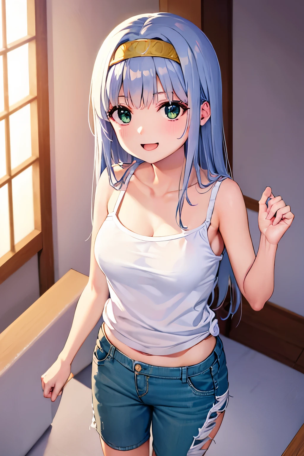 (8K、Highest image quality、highest quality、masterpiece)、detailed face、((1 ))、mesugaki、blue green髪、long hair hair、twintails、blunt bangs、blue green目、evil smile、((grin))、steam、((small breasts))、((white camisole))、((denim short shorts))、cowboy shot、take care of、((desk humping))、((masturbation))、classroom background、((nsfw:1.2))