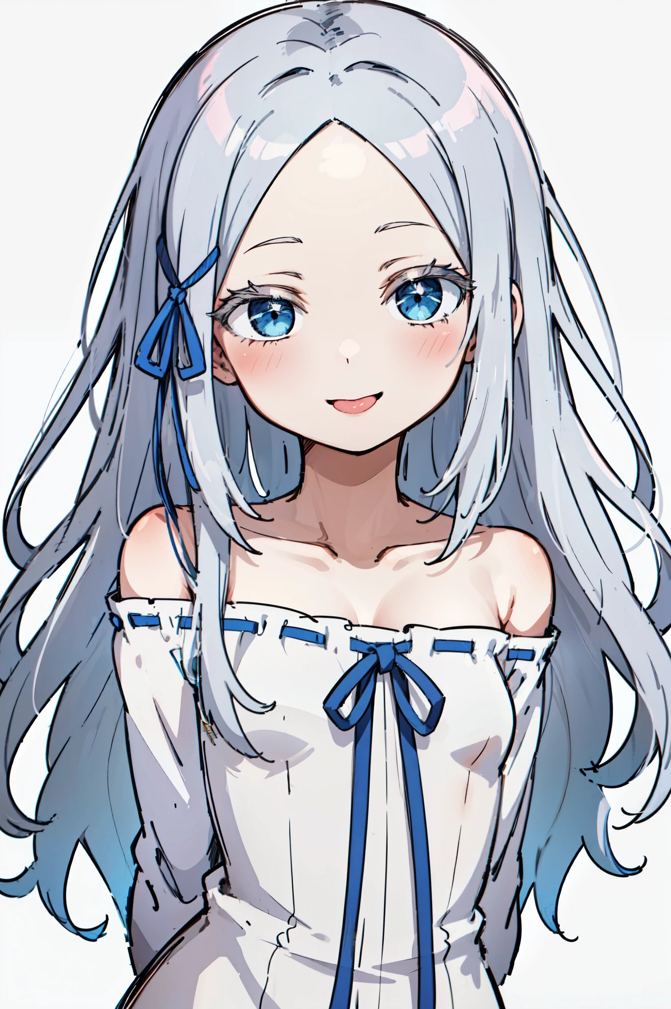 (masterpiece, best quality, ultra high quality, by quan, by mappa, sketch:1.1), ((portrait)), 1girl, solo, pandora, blue eyes, long hair, grey hair, white hair, forehead, blush, bangs, small breasts, parted bangs, barefoot, neutral, innexpressive, small smile, tongue out, silly, thighs, ((pddf)), dress, long sleeves, dress ribbon, hair ribbon, white dress, loose dress, blue ribbon, bare shoulders, (arms behind back), upper body, standing,, isometric lightning, white background, simple background