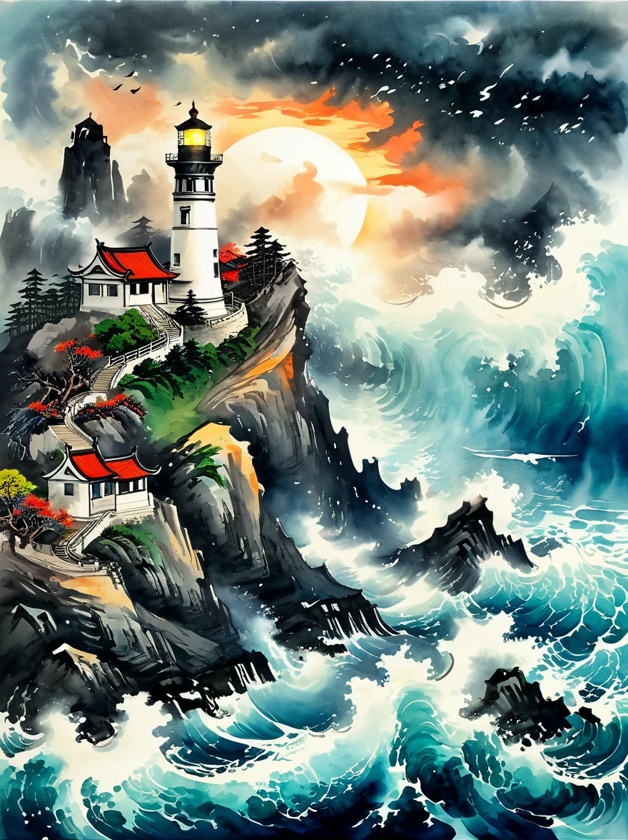 Super detailed,((Chinese ink style:1.5)),Chinese dream landscape,violent storms, (( lighthouse:1.5)), chaotic darkness, angry cloud, lightning, rolling foam waves, hit hard, steady light, unwavering beam, ((A beacon of hope and guidance in the storm:1.8)),magical atmosphere,Thrilling and tense scenes,Surreal and ethereal colors、textured landscape、otherworldly environment、magnificent view、Hazy and mysterious atmosphere、dramatic light and shadow、Unique rock formations、Thrilling sense of adventure、Amazing natural wonders、A sense of grandeur and scale,Endless possibilities to explore,bright beacon,(Highly detailed lighthouse appearance,majestic lighthouse:1.5)
