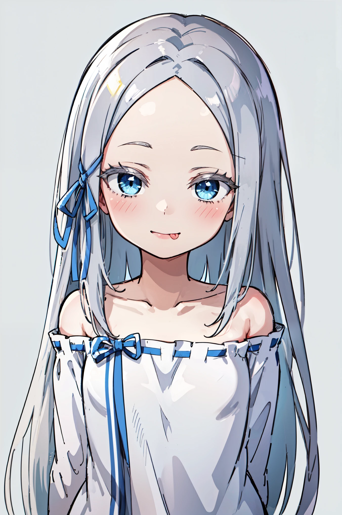 (masterpiece, best quality, ultra high quality, by quan, by mappa, sketch:1.1), ((portrait)), 1girl, solo, pandora, blue eyes, long hair, grey hair, white hair, forehead, blush, bangs, small breasts, parted bangs, barefoot, neutral, innexpressive, small smile, tongue out, silly, thighs, ((pddf)), dress, long sleeves, dress ribbon, hair ribbon, white dress, loose dress, blue ribbon, bare shoulders, (arms behind back), upper body, standing,, isometric lightning, white background, simple background