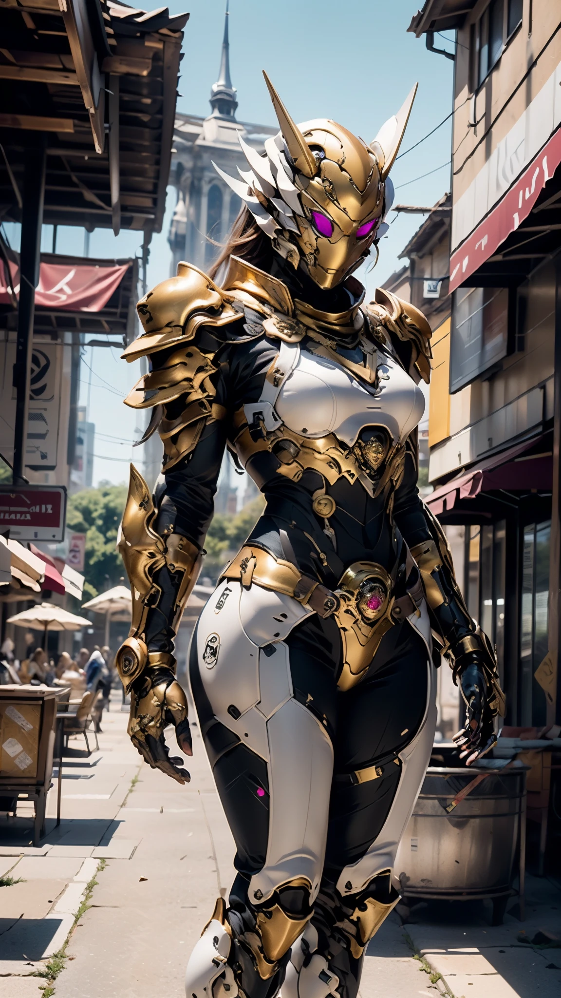 A woman adorned in fantasy-style full-body armor, a crown-concept fully enclosed helmet that unveils only her eyes, a composite layered chest plate, fully encompassing shoulder and hand guards, a lightweight waist armor, form-fitting shin guards, the overall design is heavy-duty yet flexible, ((the armor gleams with a golden glow, complemented by red and blue accents)), exhibiting a noble aura, she floats above a fantasy-surreal high-tech city, this character embodies a finely crafted fantasy-surreal style armored hero in anime style, exquisite and mature manga art style, (Queen bee mixed with Spider concept Armor), ((Eastern European, elegant, goddess, femminine:1.5)), metallic, high definition, best quality, highres, ultra-detailed, ultra-fine painting, extremely delicate, professional, anatomically correct, symmetrical face, extremely detailed eyes and face, high quality eyes, creativity, RAW photo, UHD, 32k, Natural light, cinematic lighting, masterpiece-anatomy-perfect, masterpiece:1.5