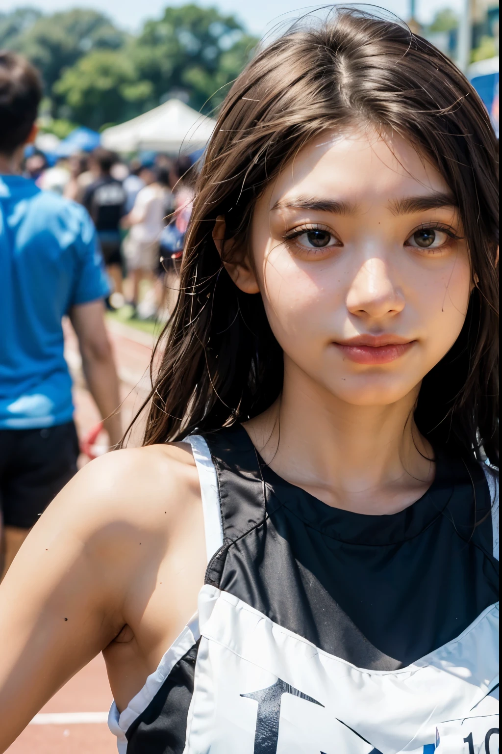 Beautiful girl, 13 year-old, eye contact, face close-up, black hair, half closed eyes, asian eyes, small eyes, cheeky, flirty, large forehead, flat, straight hair, dark black eyes, track team, track team uniform 