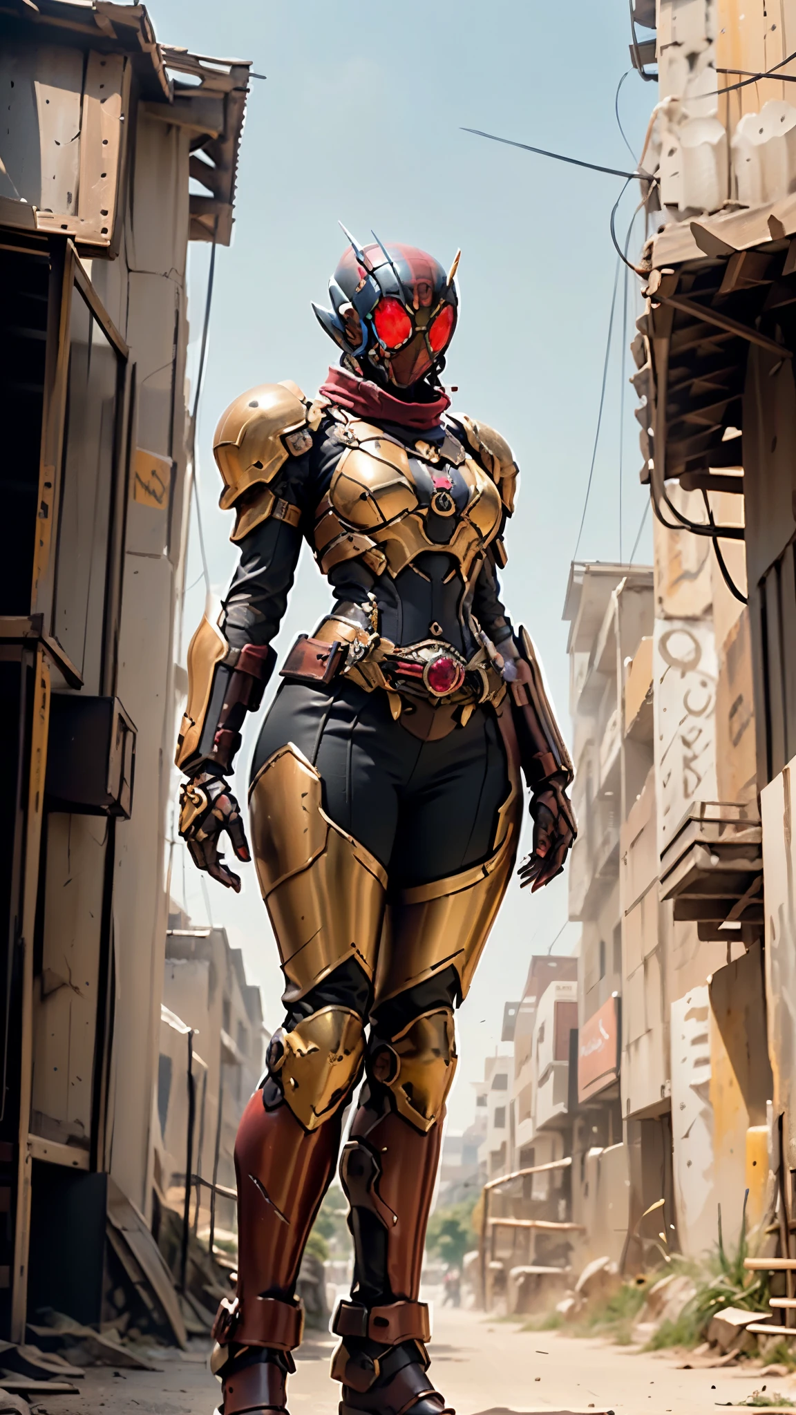A woman adorned in fantasy-style full-body armor, a crown-concept fully enclosed helmet that unveils only her eyes, a composite layered chest plate, fully encompassing shoulder and hand guards, a lightweight waist armor, form-fitting shin guards, the overall design is heavy-duty yet flexible, ((the armor gleams with a golden glow, complemented by red and blue accents)), exhibiting a noble aura, she floats above a fantasy-surreal high-tech city, this character embodies a finely crafted fantasy-surreal style armored hero in anime style, exquisite and mature manga art style, (Queen bee mixed with Spider concept Armor, Western European woman), ((elegant, goddess, femminine:1.5)), metallic, high definition, best quality, highres, ultra-detailed, ultra-fine painting, extremely delicate, professional, anatomically correct, symmetrical face, extremely detailed eyes and face, high quality eyes, creativity, RAW photo, UHD, 32k, Natural light, cinematic lighting, masterpiece-anatomy-perfect, masterpiece:1.5