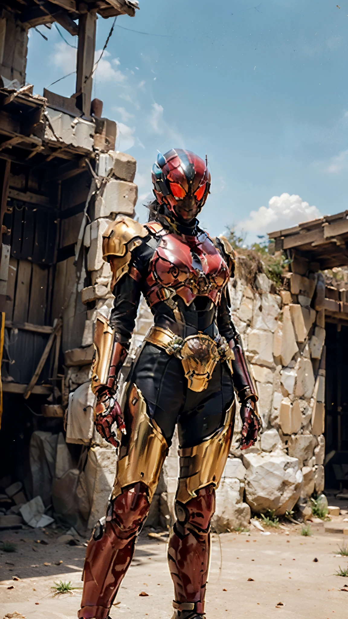 A woman adorned in fantasy-style full-body armor, a crown-concept fully enclosed helmet that unveils only her eyes, a composite layered chest plate, fully encompassing shoulder and hand guards, a lightweight waist armor, form-fitting shin guards, the overall design is heavy-duty yet flexible, ((the armor gleams with a golden glow, complemented by red and blue accents)), exhibiting a noble aura, she floats above a fantasy-surreal high-tech city, this character embodies a finely crafted fantasy-surreal style armored hero in anime style, exquisite and mature manga art style, (Queen bee mixed with Spider concept Armor, Western European woman), ((elegant, goddess, femminine:1.5)), metallic, high definition, best quality, highres, ultra-detailed, ultra-fine painting, extremely delicate, professional, anatomically correct, symmetrical face, extremely detailed eyes and face, high quality eyes, creativity, RAW photo, UHD, 32k, Natural light, cinematic lighting, masterpiece-anatomy-perfect, masterpiece:1.5