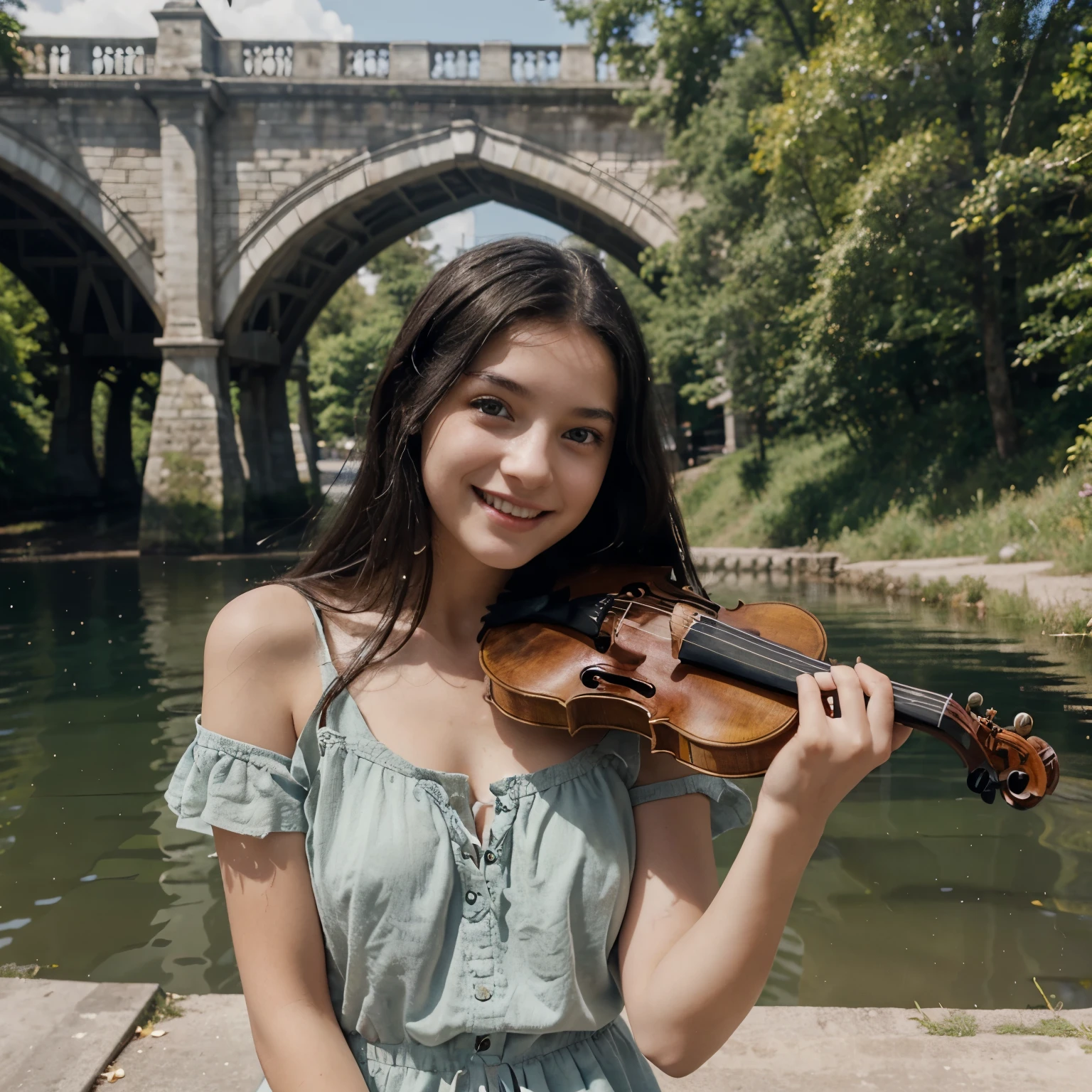 Young girl of with black hair and hazel eyes with genuine pale looks and a smile who is playing the violin under a bridge where there is a lake