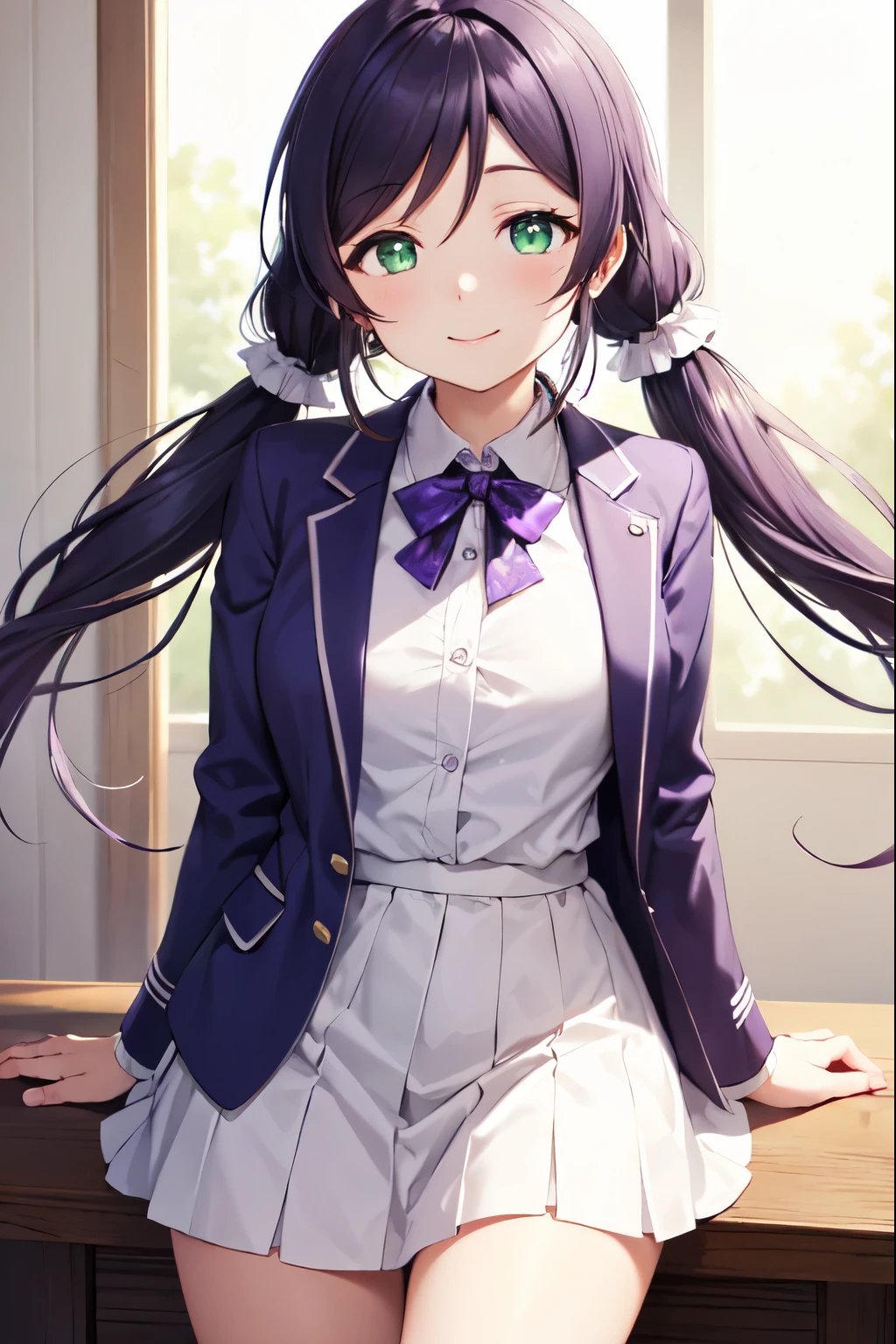nozomitoujou,solo、 Nozomi_Tojo, (green eyes:1.5), purple hair, twin tails, low twin tails, Scrunchie, long hair、white shirt, purple jacket、purple jacket、closed mouth、smile, long sleeve, open clothes、skirt、 break (masterpiece:1.2), highest quality, High resolution, unity 8k wallpaper, (figure:0.8), (detailed and beautiful eyes:1.6), highly detailed face, perfect lighting, cowboy shot、