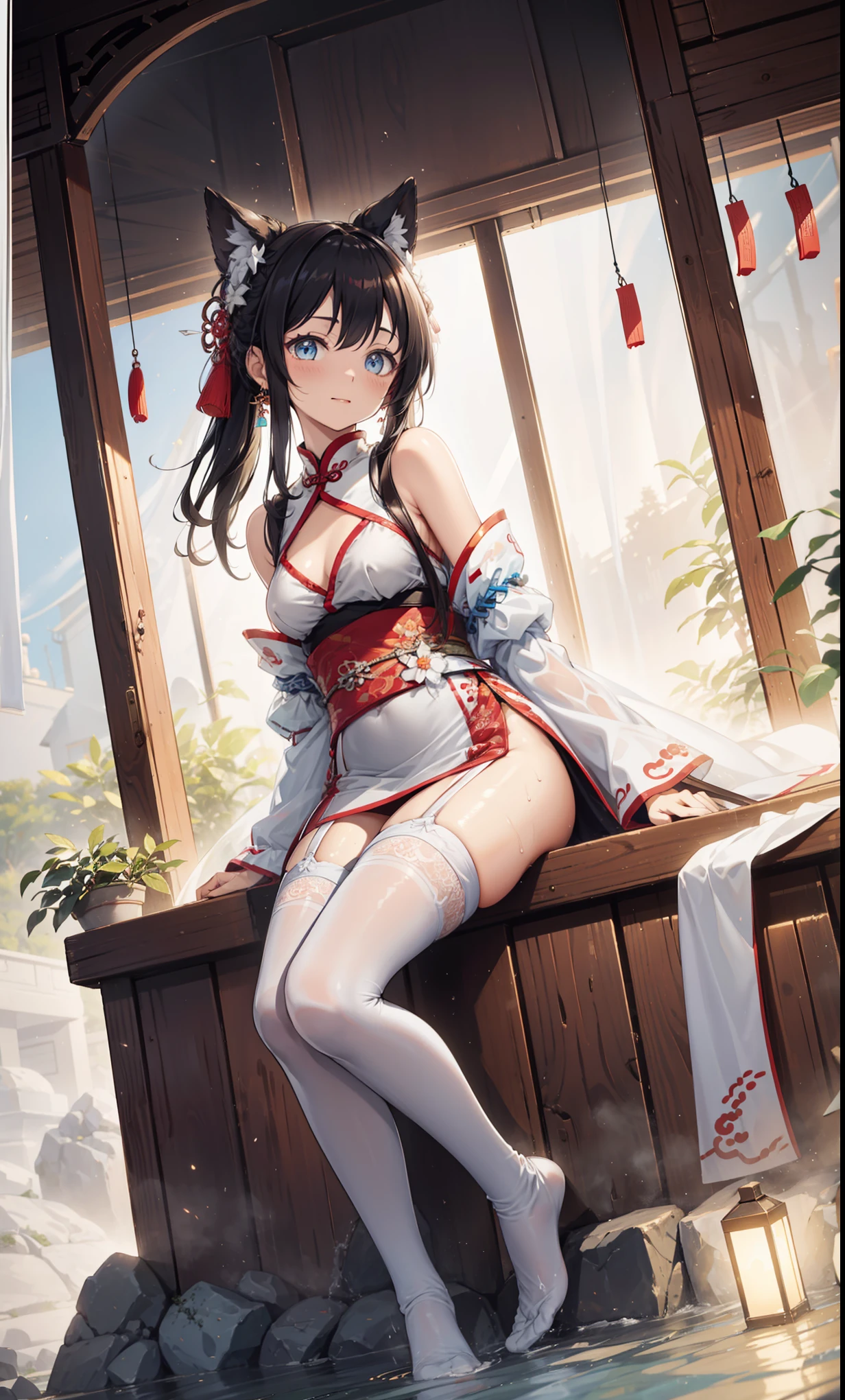 top quality，best resolution，(Soaked white long cheongsam），super detailed, She has a white twin tail，20 years old young girl，Gorgeous的雕纹，Design intricate clothes，blue eyes，she has earrings, wealth，Gorgeous， imagine，Elegant and charming，Slightly curvy figure，((White transparent white garter stockings)),((Wet people，Adjacent to ancient Chinese hot springs))，night，small light，posture，Remove excess feet