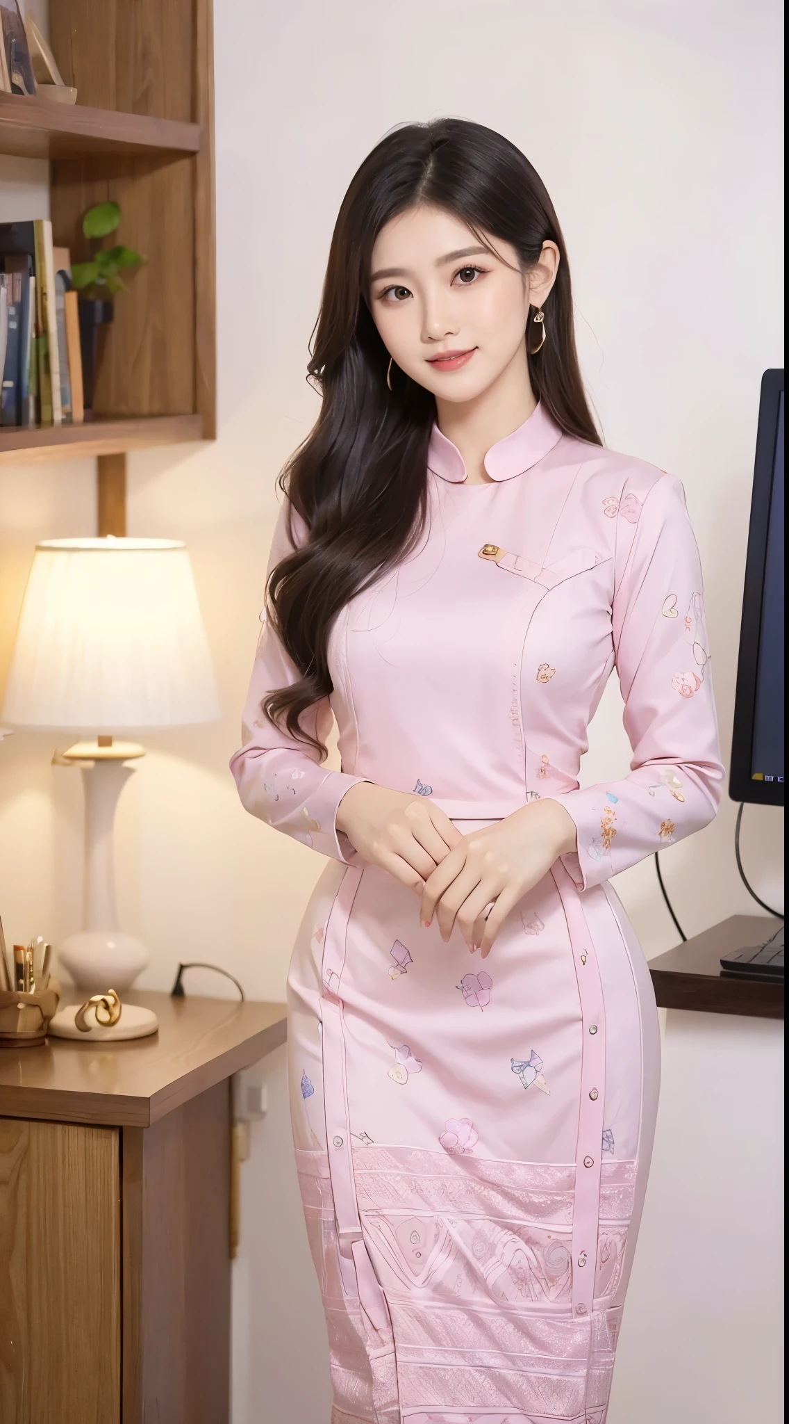 Master piace, high detail, full HD, beautiful, woman, 30 years, vibrant, colorful dress, positivity, grace, flowing, figure, lively, cheerful, fashion, make-up