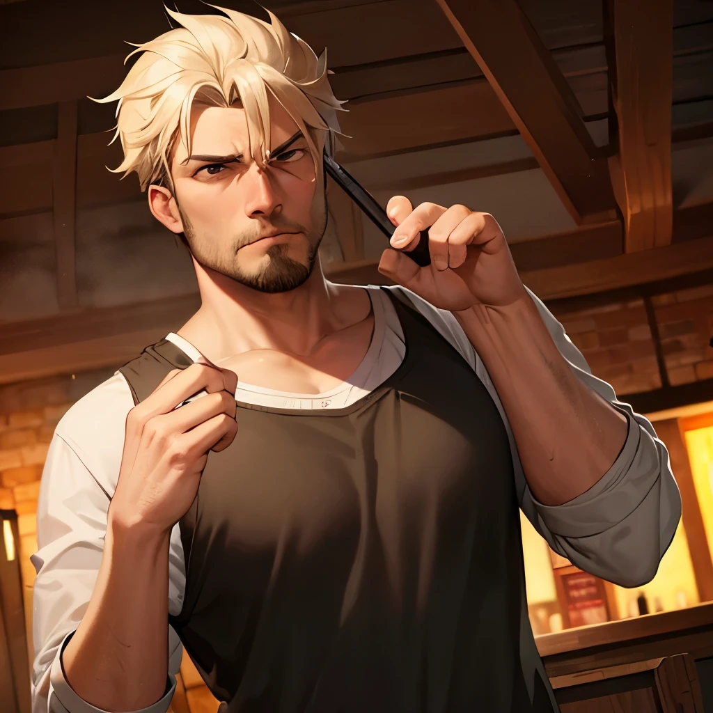 Drunk man, serious face, old clothes, dark tavern background