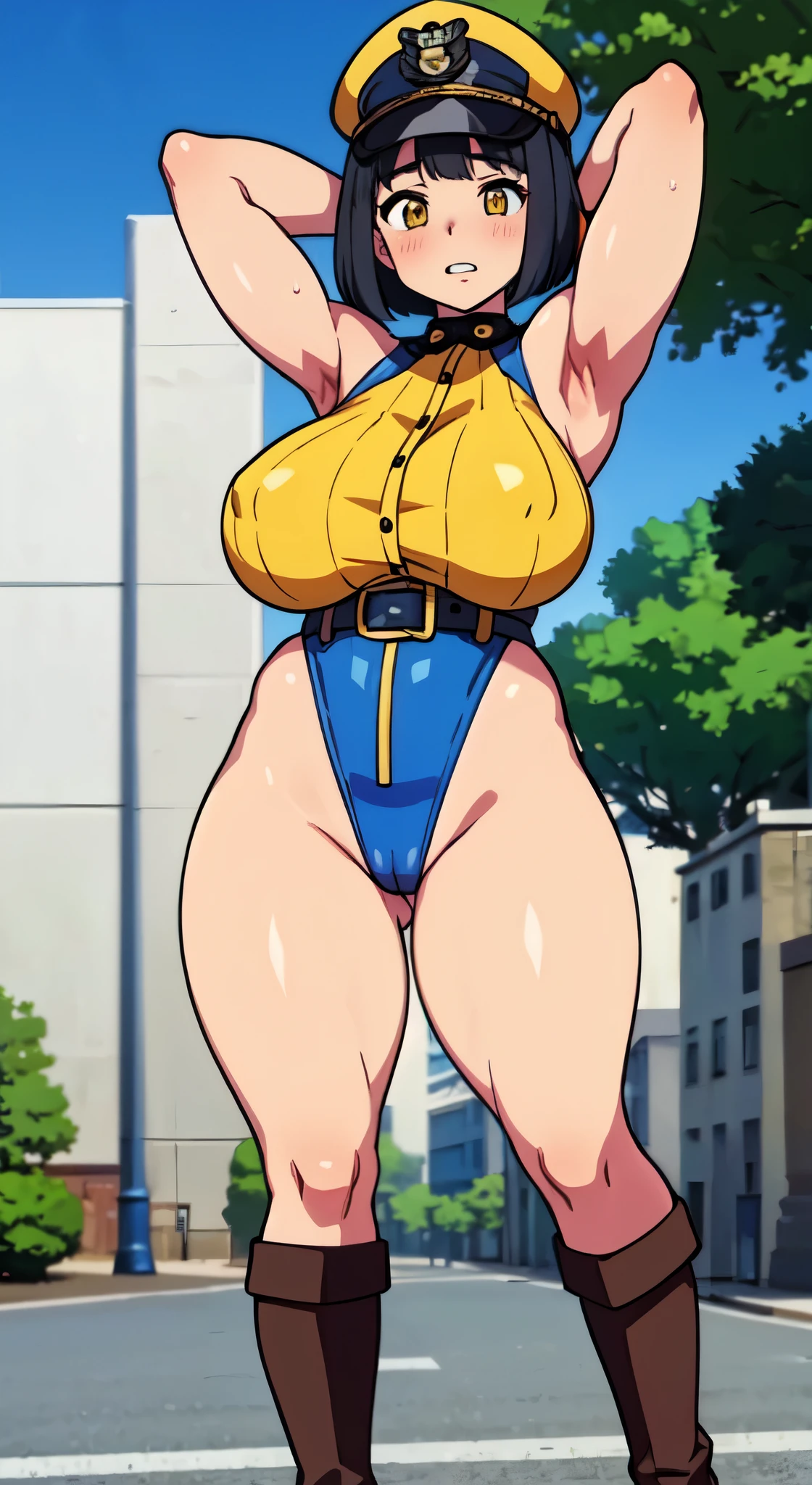 (Perfect body),highest quality,(8KP○rtrait),(anime screen cap)、NSFW、Sweat,((big breasts))、police hat、female police officer、(black hair),(bob cut)、dull bangs、yellow eyes,((thick thighs)),((big ass))、、(Navy Blue Leotard)、glare、blush、((narrow your eyes))、grit your teeth、adult w○ man、(((embarrassing)))、(In town)、((muscular))、fingerless gloves、both armpits、hands behind head、(thick waist)、M-shaped spread legs、black boots、Leather belt at waist