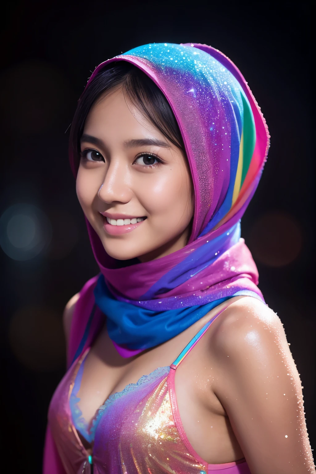 smiling, front, cute, rainbow, glamour, 1 javanese girl , modern plain hijab, shy, medium portrait shot , wet , glowing particles, wear rainbow lingerie, light bokeh background,