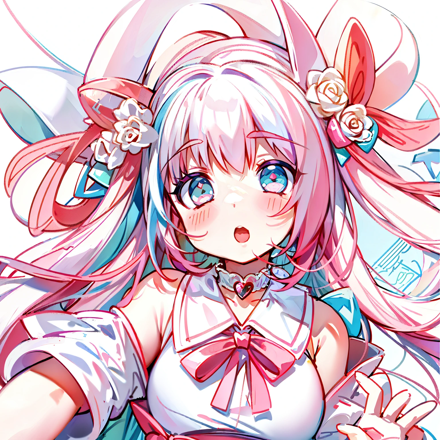 Masterpiece,Best quality, White background, (10:1girll), (10:One guy), Very long hair, White and pink hair , Love decoration , Multiple cyan and pink bows, White and pink pair of cat ears , Cyan eyes , Look straight ahead , love heart , Pink bow tie , White clothes , 5:Open mouth, 5:teeth