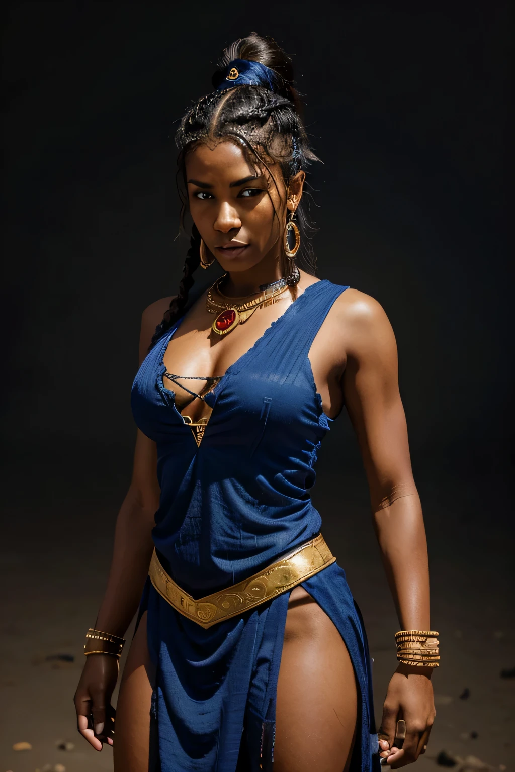 An expressive anime illustration of a very dark-skinned Sudanese woman warrior with striking blue eyes. Her hair is styled in intricate cornrows leading to a high man bun with a faded cut on the sides. She stands in a powerful warrior pose, her traditional attire adorned with culturally significant jewelry. Render the image with high quality and detail, utilizing a vibrant color palette that reflects her heritage and fighting spirit