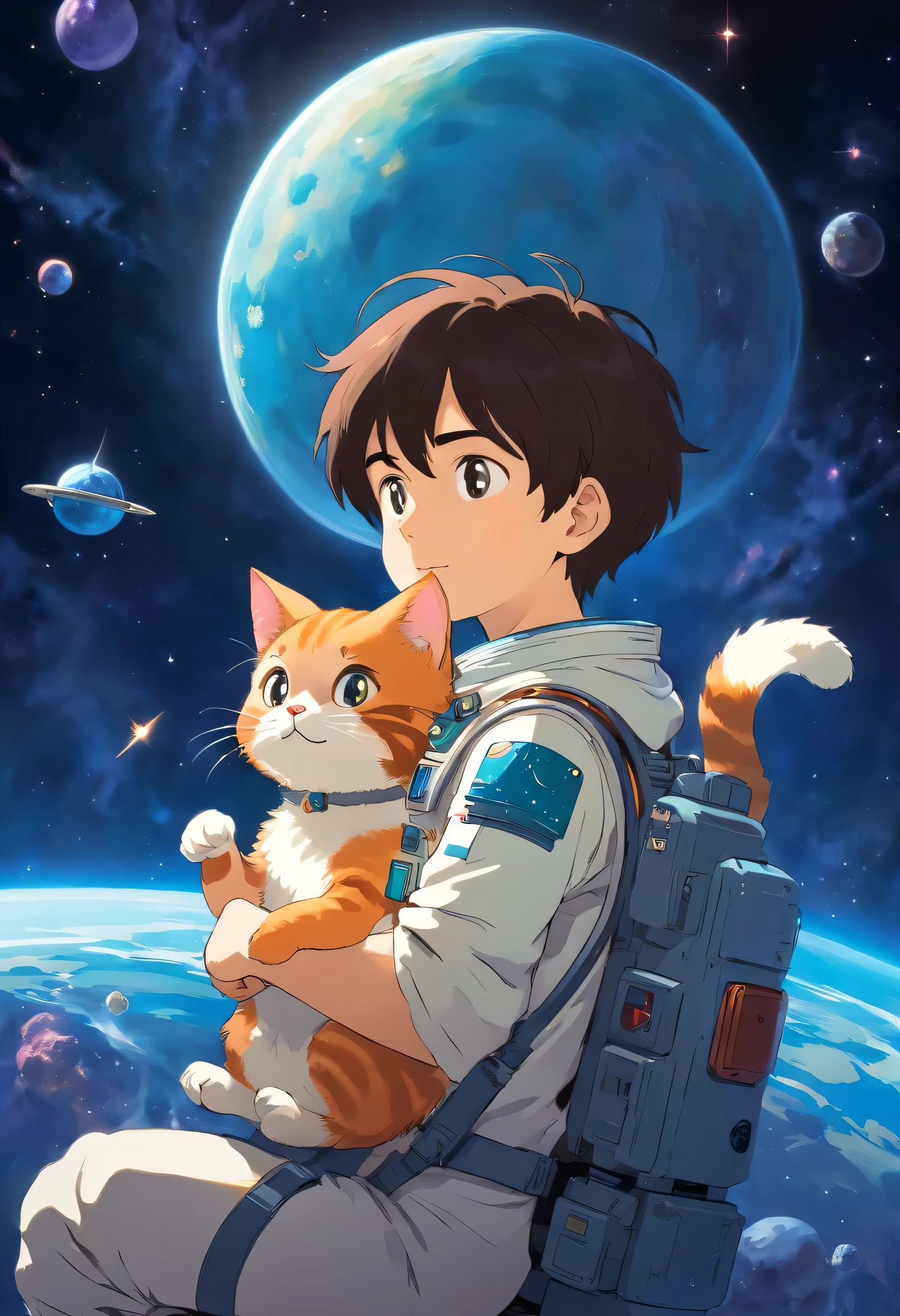 mit seiner Katze, astronaute, Exzenter, qui cherche des diamands dans l'espace. Universum, Planeten, Helligkeit Klar dunkel. verlorener Schatz. 