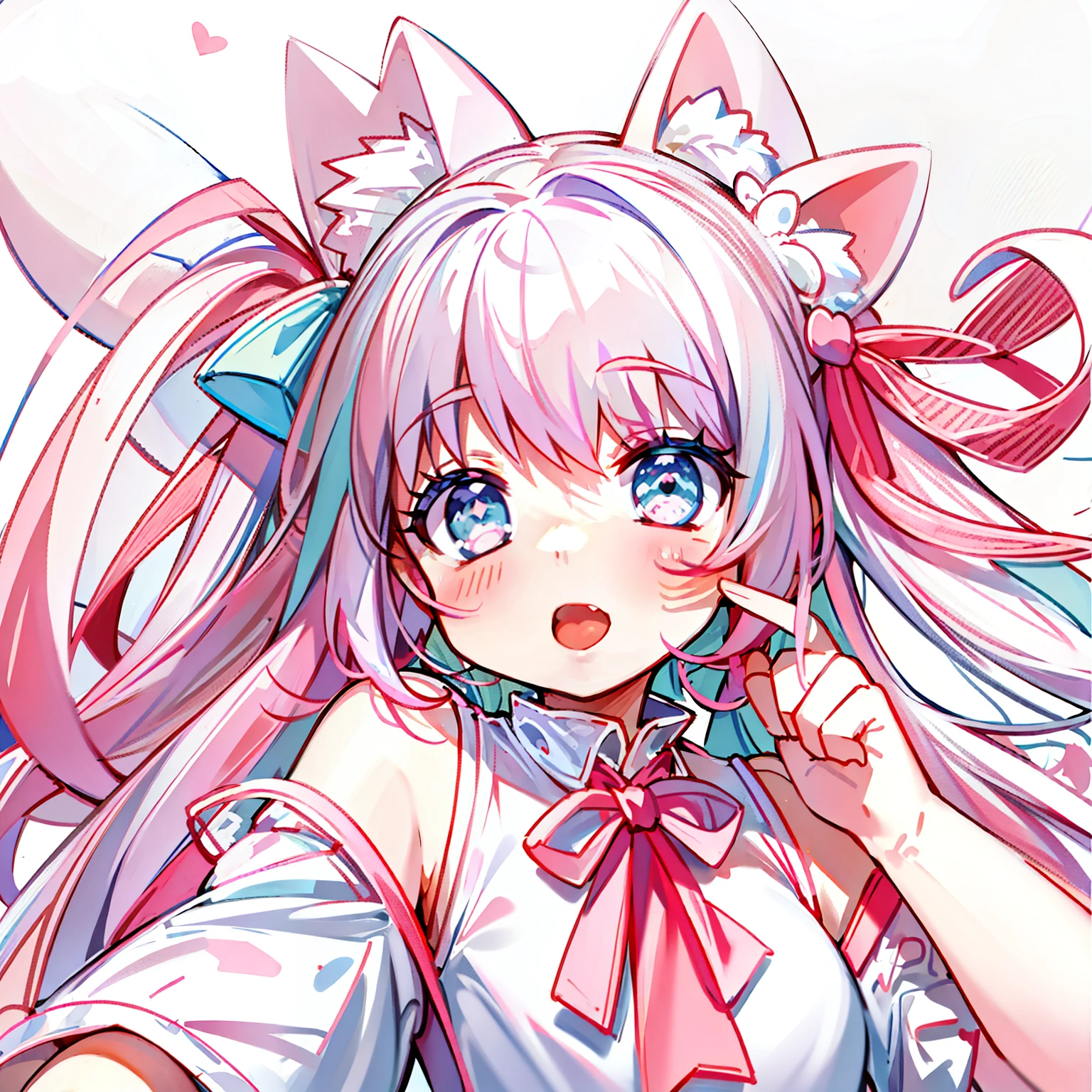 Masterpiece,Best quality, White background, (10:1girll), (10:One guy), Very long hair, White and pink hair , Love decoration , Multiple cyan and pink bows, White and pink pair of cat ears , Cyan eyes , Look straight ahead , love heart , Pink bow tie , White clothes , 5:Open mouth, 5:teeth