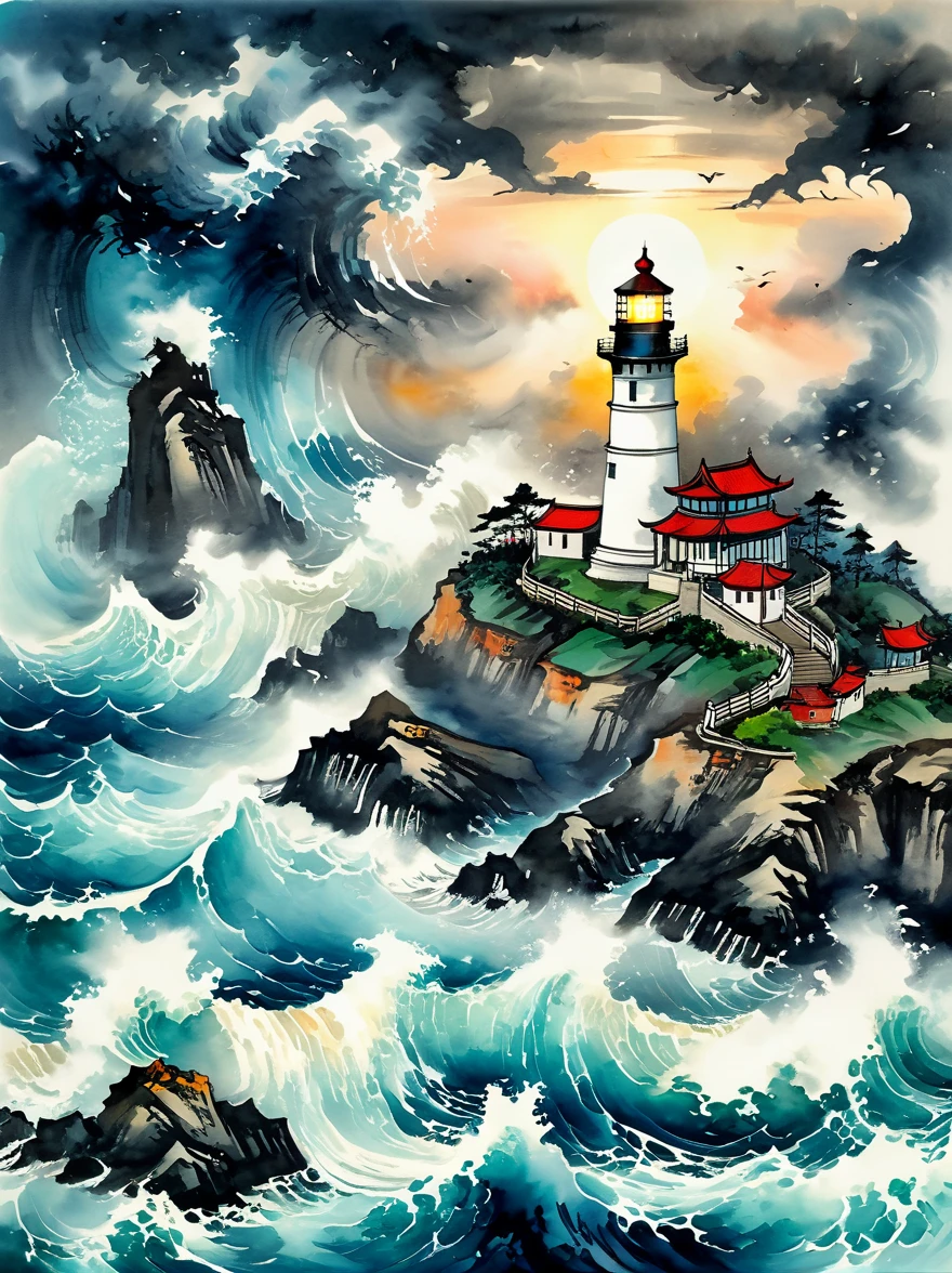 (close up:1.8)，Super detailed，((Chinese ink style:1.5))，Chinese dream landscape，violent storms, (( lighthouse:1.5)), chaotic darkness, angry cloud, lightning, rolling foam waves, hit hard, steady light, unwavering beam, ((A beacon of hope and guidance in the storm:1.8))，magical atmosphere，Thrilling and tense scenes，Surreal and ethereal colors、textured landscape、otherworldly environment、magnificent view、Hazy and mysterious atmosphere、dramatic light and shadow、Unique rock formations、Thrilling sense of adventure、Amazing natural wonders、A sense of grandeur and scale，Endless possibilities to explore，bright beacon，(Highly detailed lighthouse appearance，majestic lighthouse:1.5)