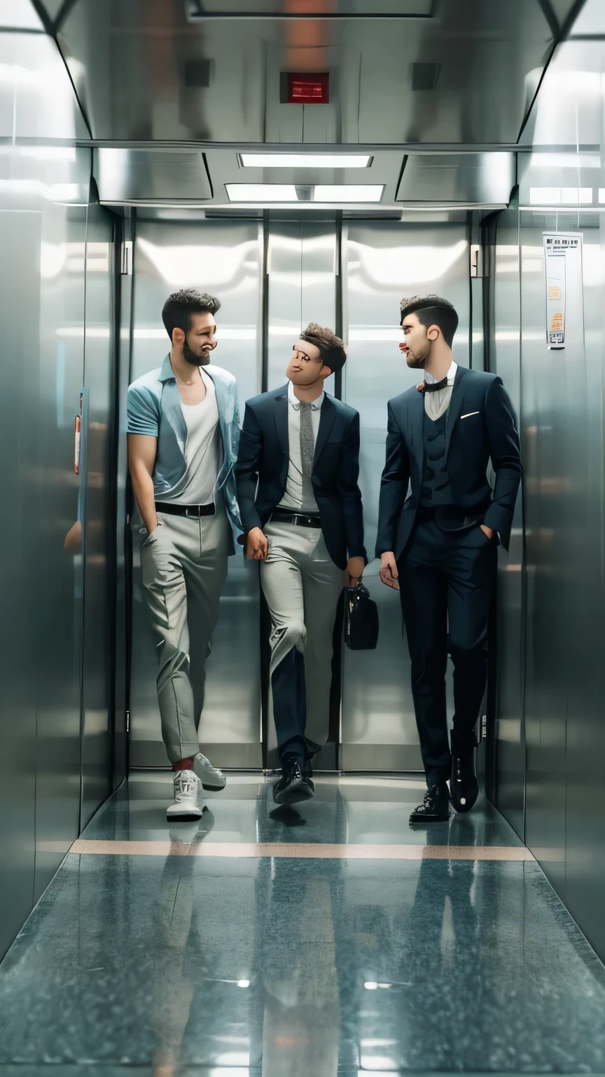 Three men riding in the elevator